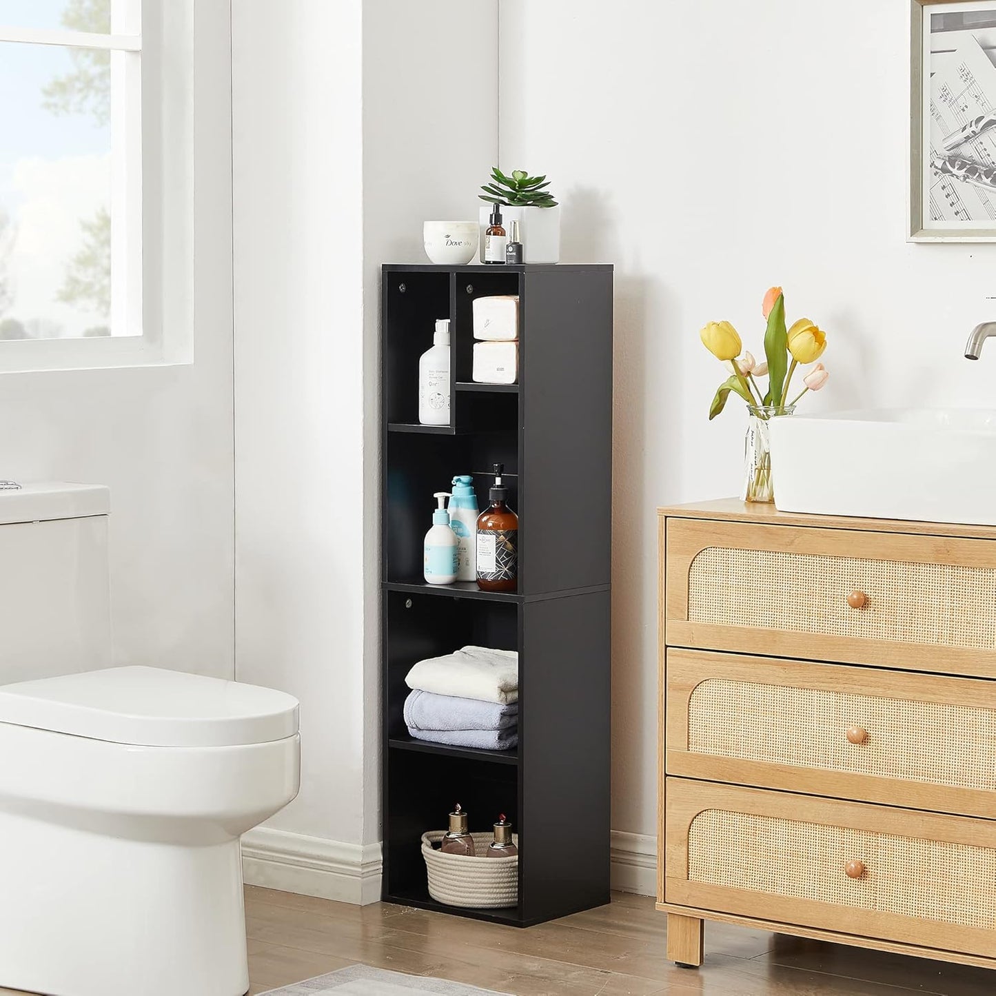 VECELO Small Bookshelf, 5 Cube Slim Bookcase, Fits Tallest Hardcovers, Horizontal Available, Modern Floor Standing Unit, Each Shelf Hold Up to 66 LBS, Matte Black