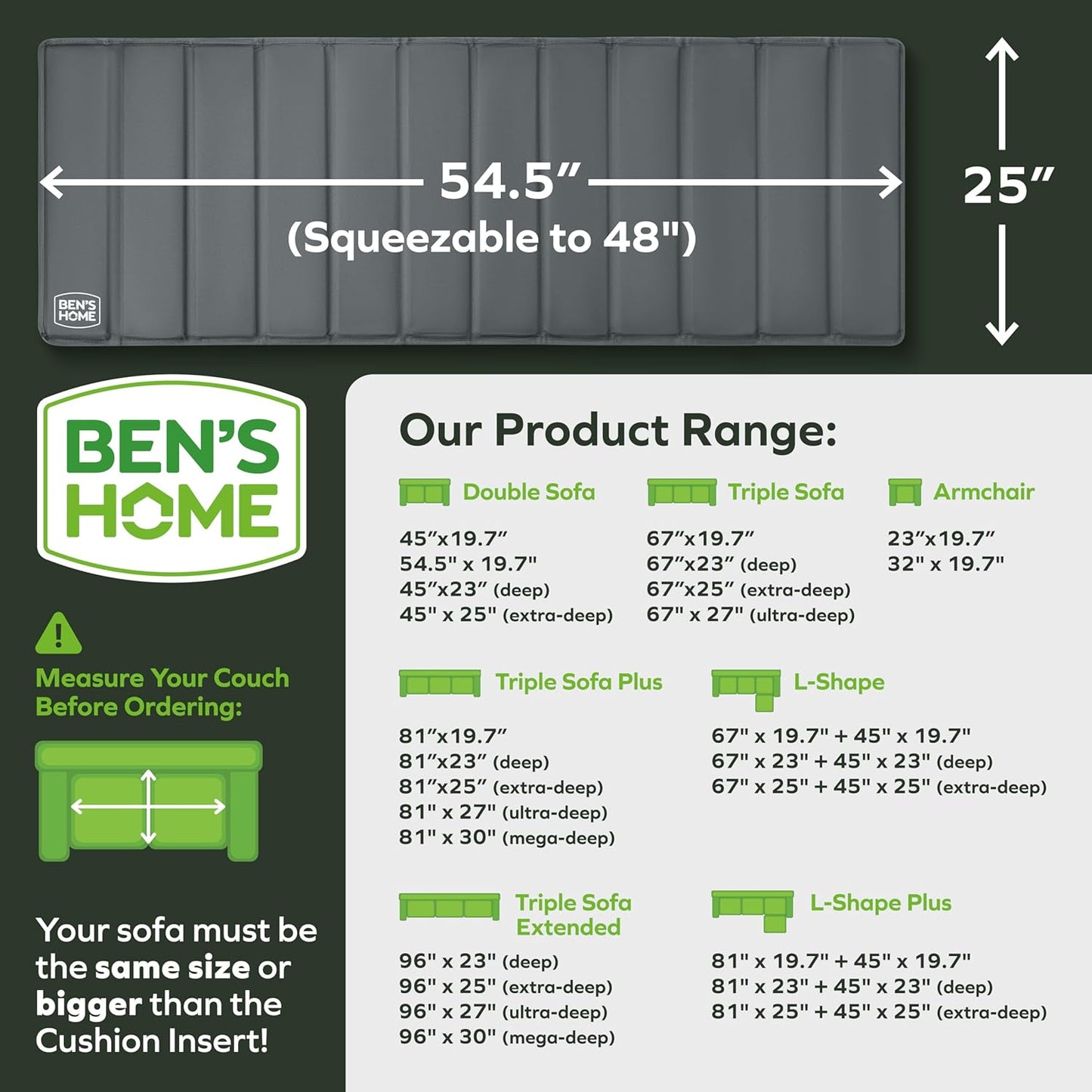 BEN'SHOME® Loveseat Cushion Support for fix Sagging Seats - Heavy Duty Solid .5" Wood Sofa Support Board | Adjustable 48"-54.5" x 25" Under Cushion Insert | Non-Slip Furniture Saver | 400 LB Capacity