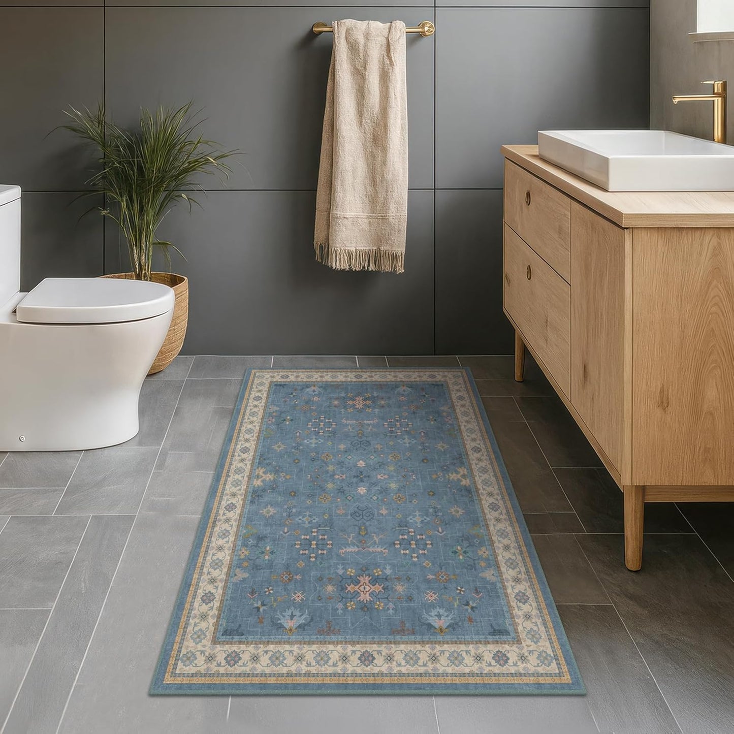 Washable Blue Rugs for Entryway Indoor - 3x5 Throw Rug for Large Kitchen, Bedroom Bedside, Laundry Room, Mudroom, Boho Eclectic Modern Décor, Non Slip Low Pile Fade Resistant