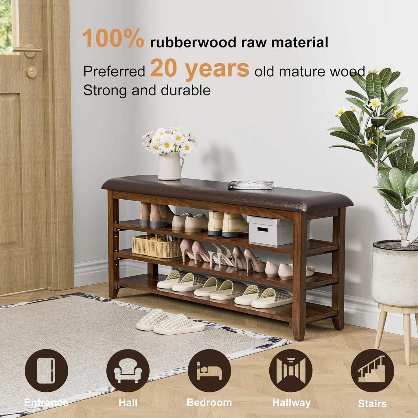 Wooden Shoe Bench Storage with Leather Cushion, Rustic Solid Wood Entryway Bench with 3-Tiers Height Adjustable, Shoe Rack Front Doors Entrances for Hallway Living Room,Mudrooms (Brown,47.2")