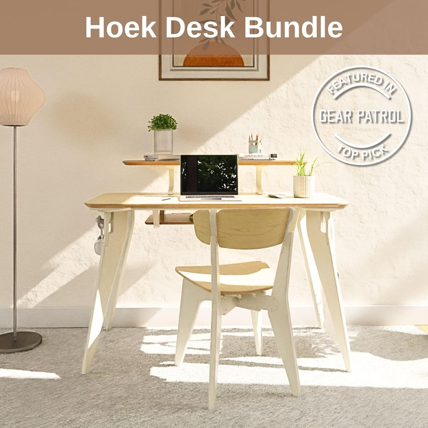 HOEK Collapsible Desk Bundle, 47.5" x 23", Portable Study Desk for Dorm Room, Includes Monitor Shelf, Under Shelf and Wall Storage, Lightweight, Easy No-Tool Assembly (Birch/White)
