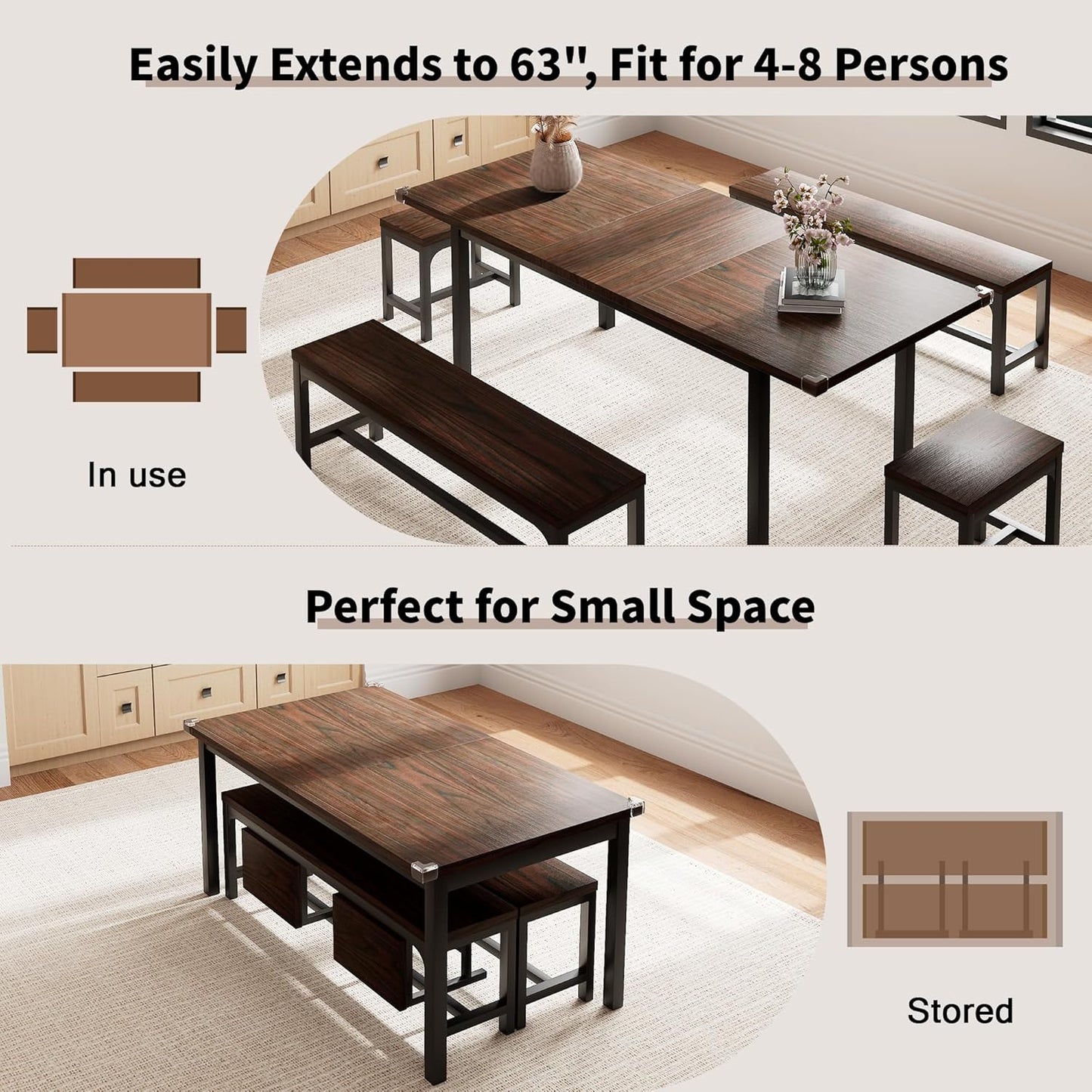 5 Pieces Dining Room Table Set for 4-6, 63" Extendable Kitchen Table Set with 2 Benches & 2 Stools, Small Dining Table Set with Metal Frame & MDF Board, Walnut
