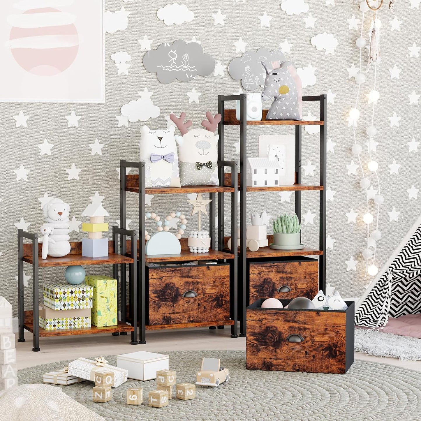 Furologee 3 Tier Bookshelf with Drawer, Small Bookcase with Shelves, Short Wood and Metal Bookshelf Storage Organizer, Industrial Freestanding Shelf Units for Bedroom, Living Room, Dorm, Rustic Brown