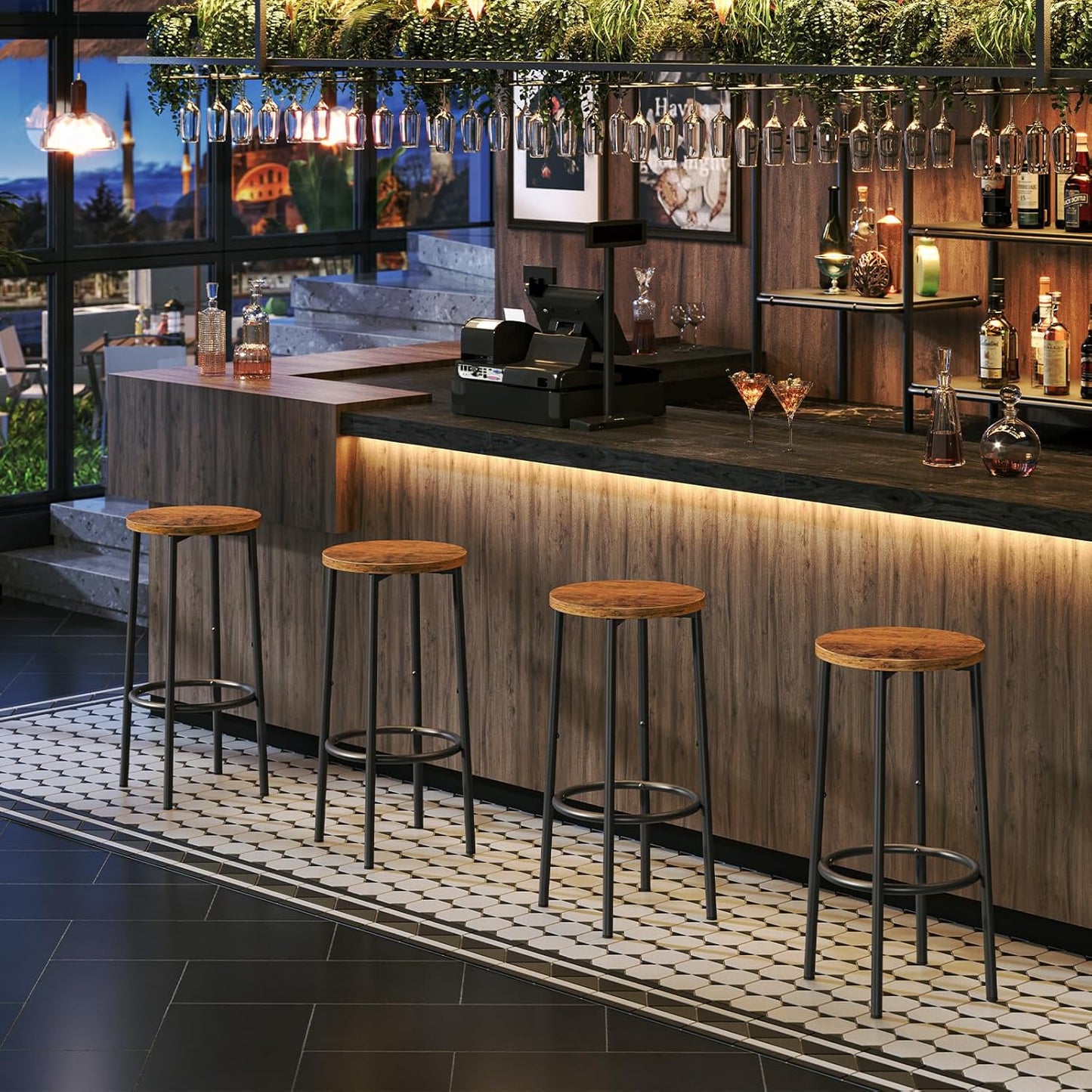 HOOBRO Bar Stools Set of 4, Counter Height Stools, Kitchen Round Height Stools, Bartools with Metal Frame and Smooth Top, for Kitchen, Bar, Cafe, Dining Room, Rustic Brown and Black BF03BYP401N1