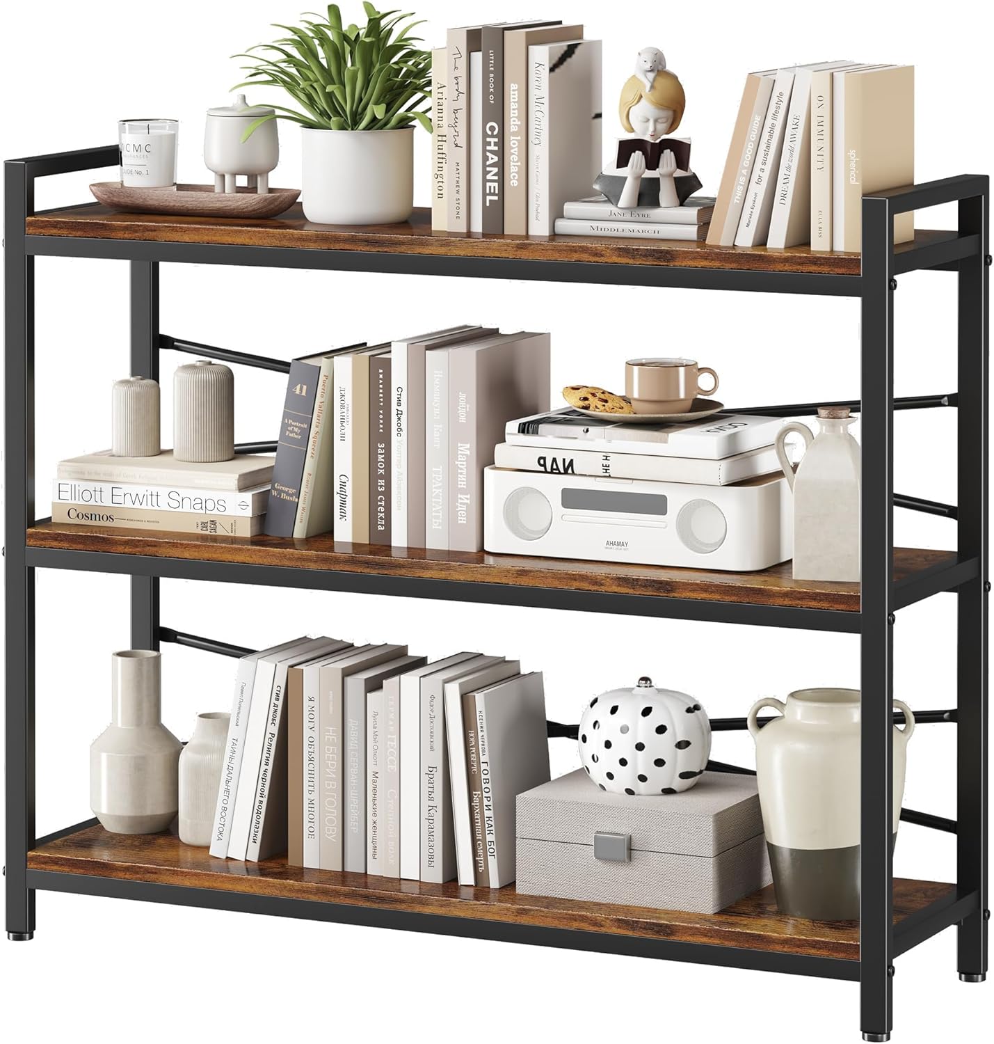 3 Tier Bookshelf 39.37" Width, Long Industrial Bookcase, Vintage Farmhouse Modern Wooden Big Book Shelf for Home Living Room Bedroom Office Storage(Rustic Brown)