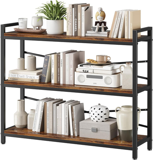 3 Tier Bookshelf 39.37" Width, Long Industrial Bookcase, Vintage Farmhouse Modern Wooden Big Book Shelf for Home Living Room Bedroom Office Storage(Rustic Brown)