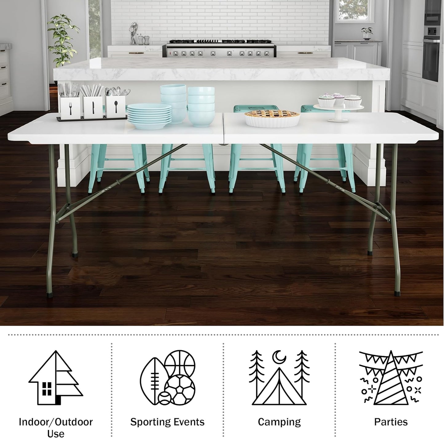 Lavish Home 6-Foot Folding Table - Indoor and Outdoor Table for Camping, Dining, Buffets, Crafts, and Playing Cards - Portable Picnic Table (White)