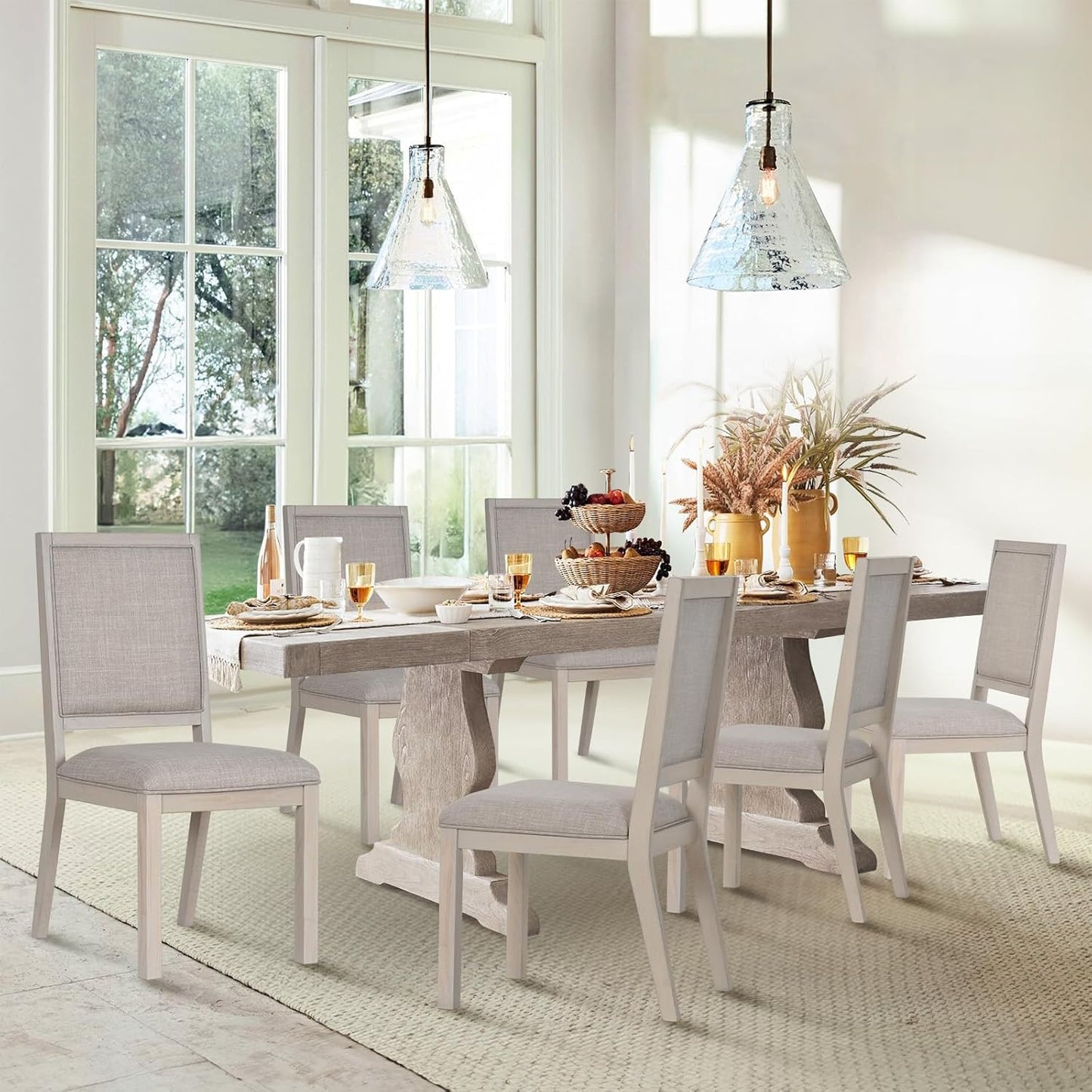 COLAMY Wood Dining Chairs Set of 6, Mid Century Modern Upholstered Kitchen Chairs,19 Inch Fabric Dining Chair with Back for Kitchen Dining Room,Ivory