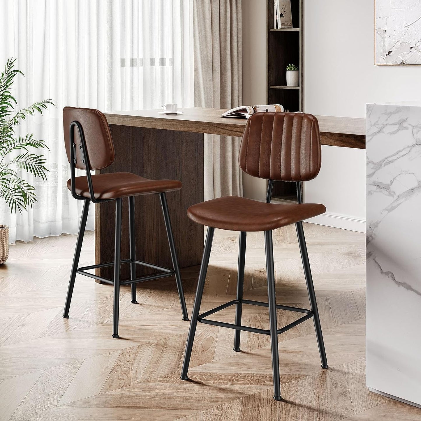 24-Inch Leather Bar Stools Set of 3, Counter Height Barstools with High Backrest，Bar Chairs for Kitchen Island with Heavy Duty Metal Legs, Dark Brown