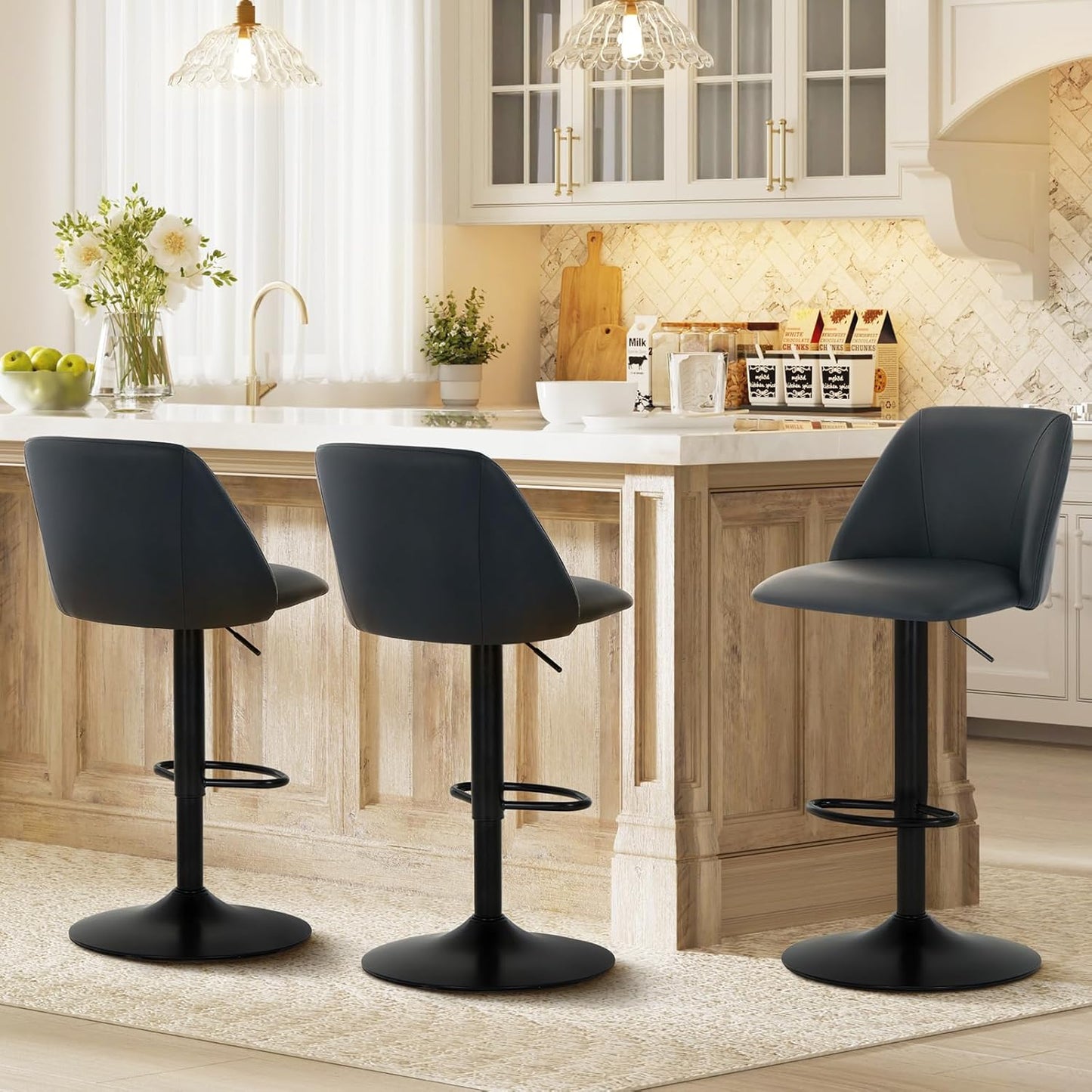 COLAMY Bar Stools Set of 3, Modern Swivel Bar Chairs, Adjustable PU Leather Upholstered Barstools Counter Height with Full Backrest for Bar, Dining Room, Kitchen Island, Black