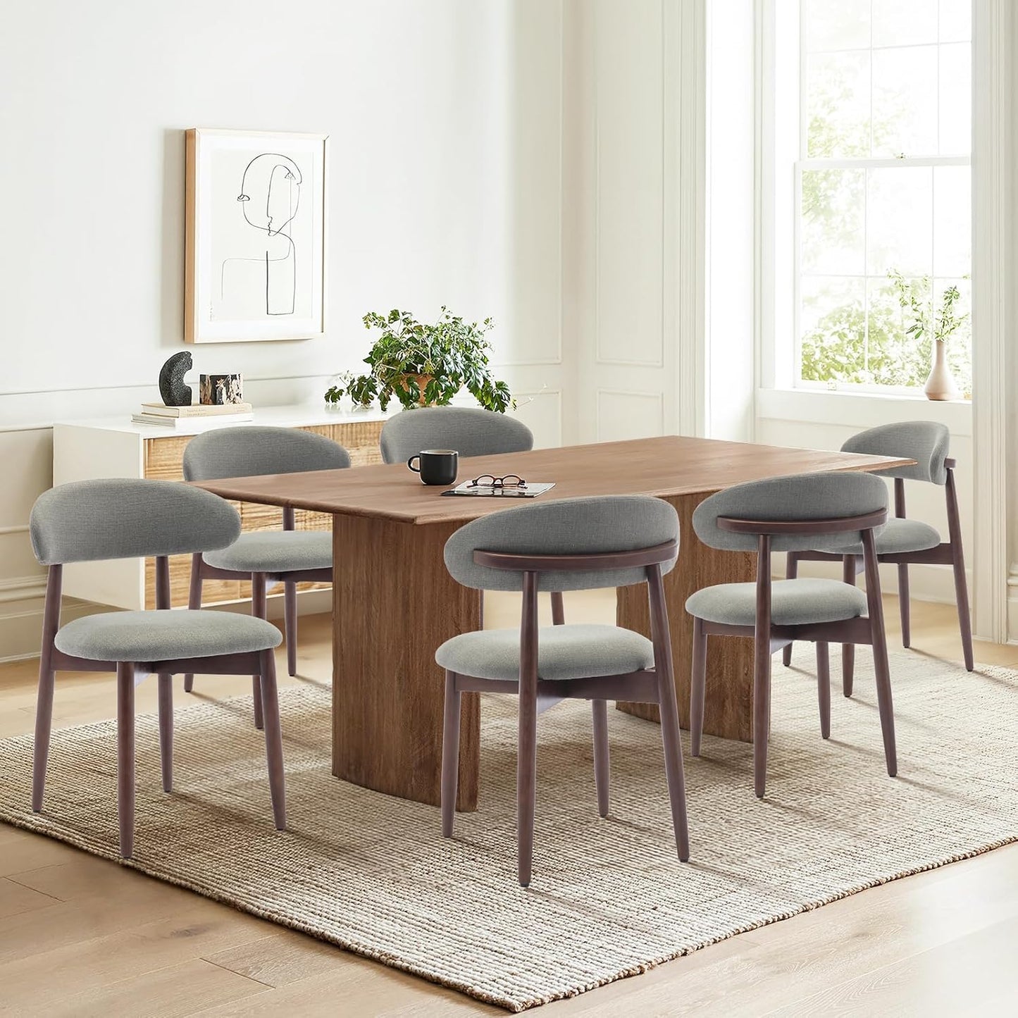 COLAMY Wooden Dining Chairs Set of 6, Modern Fabric Upholstered Kitchen Side Chairs, Farmhouse Dining Room Chairs with Foot Pegs, Green