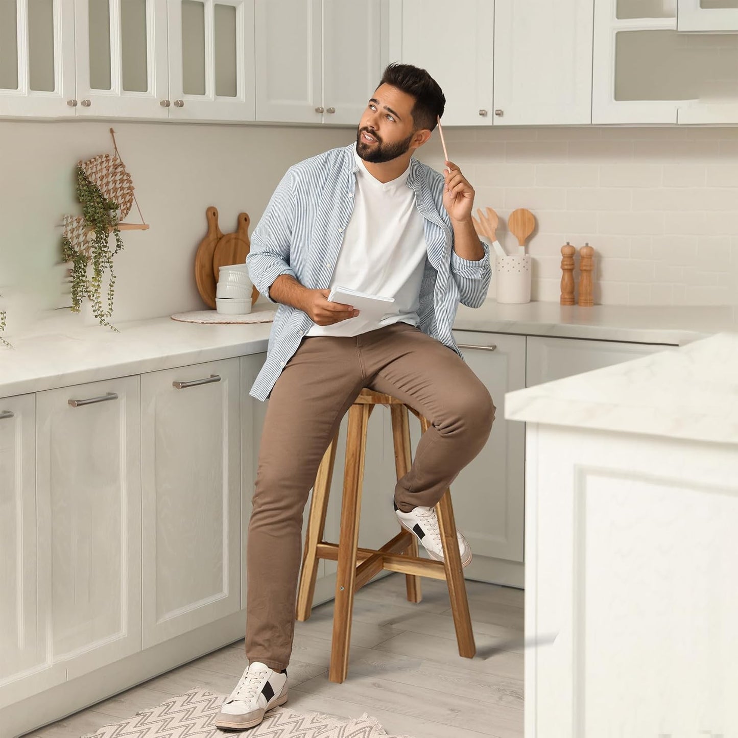 Round Stool Acacia Wood, 28" Height, 11" Round Top, Backless, Easy Assembly, Natural Wax Finish, Wooden Stool for Plant, Dining Room, Living Room, Garden, Makeup