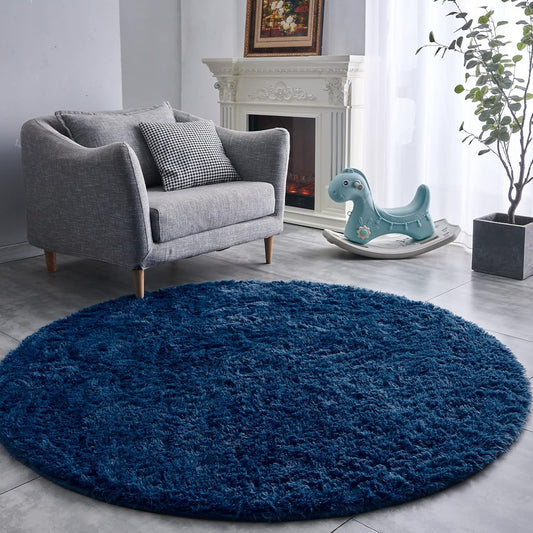 FJZFING Navy Blue Round Rug Ultra-Soft Plush Modern 7x7 Circle Area Rug for Kid's Bedroom, Fluffy Shag Circular Rug for Nursery Room, Non-Slip Home Decor Cute Navy Blue Carpet for Teen's Room