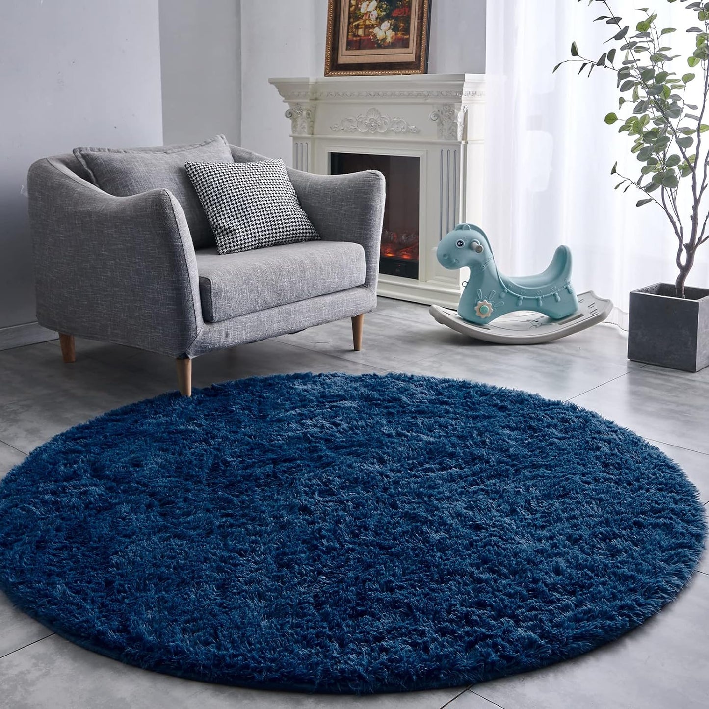 FJZFING Navy Blue Round Rug Ultra-Soft Plush Modern 6x6 Circle Area Rug for Kid's Bedroom, Fluffy Shag Circular Rug for Nursery Room, Non-Slip Home Decor Cute Navy Blue Carpet for Teen's Room