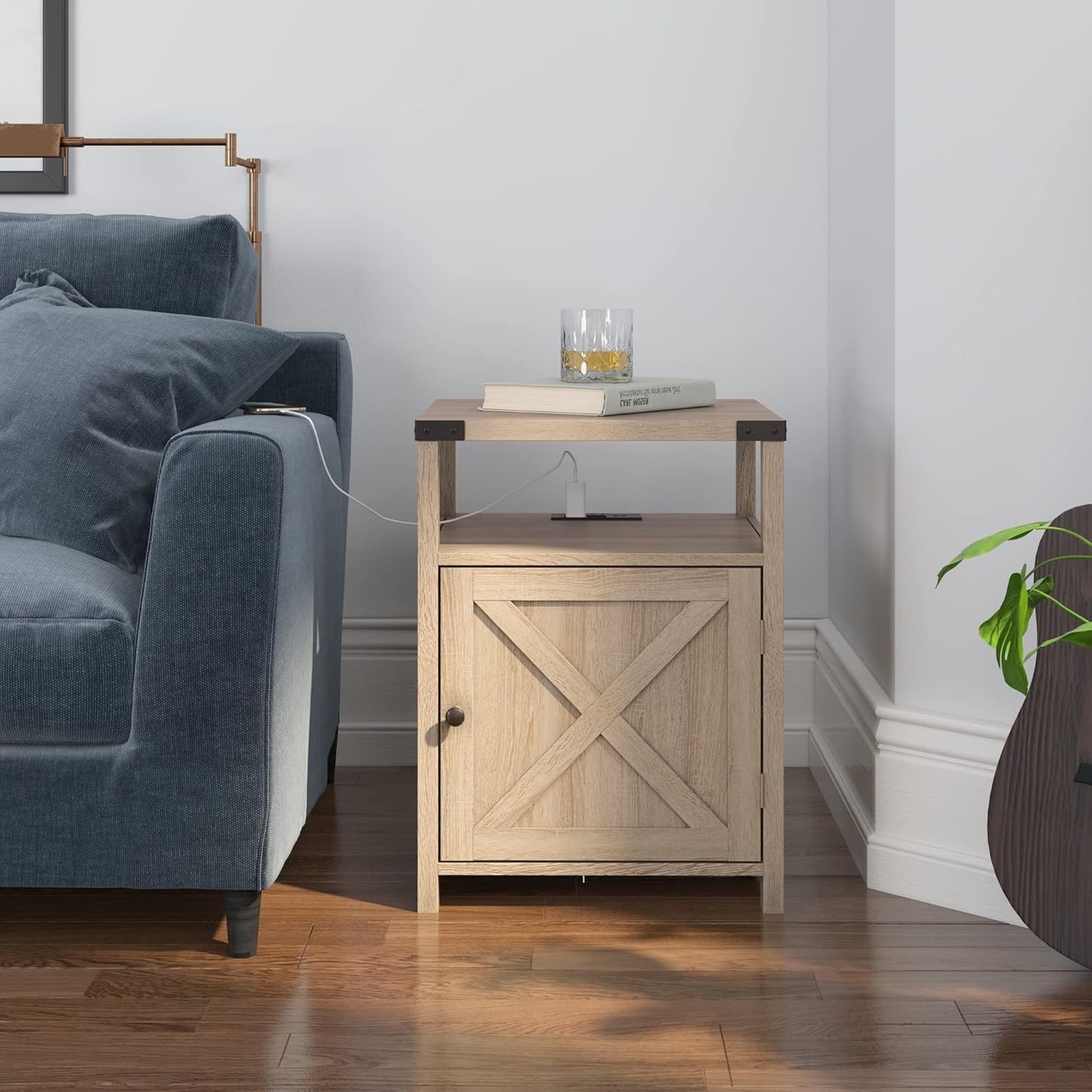 Farmhouse Nightstand with Charging Station, Rustic End Table Bedroom with Storage Living Room Side Table Beige Night Stand Industrial Bedside Bed Table with USB Ports and Outlets