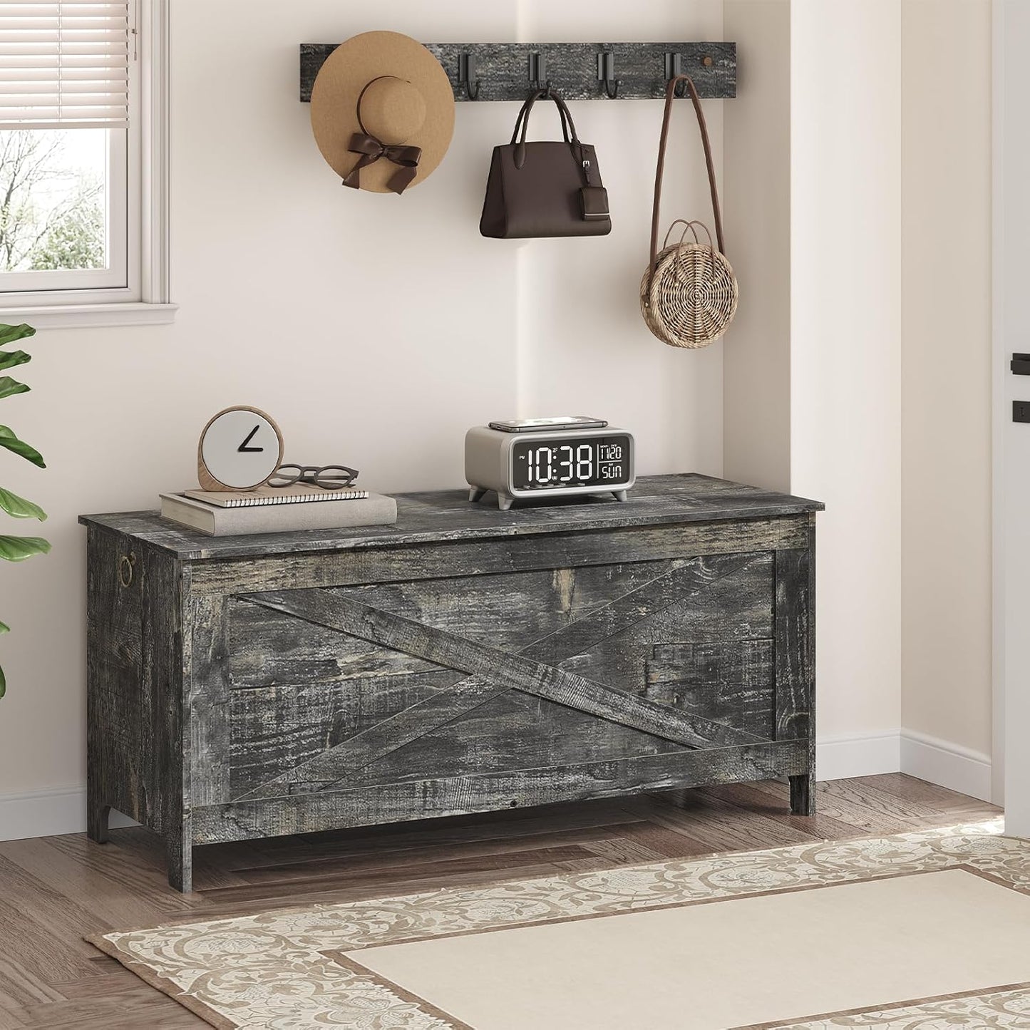 43.3" Toy Chest, Sturdy Entryway Storage Chest with Safety Hinges, Retro Toy Box, Wooden Look Accent Furniture for Living Room, Bedroom, Vintage Gray SCRP48501