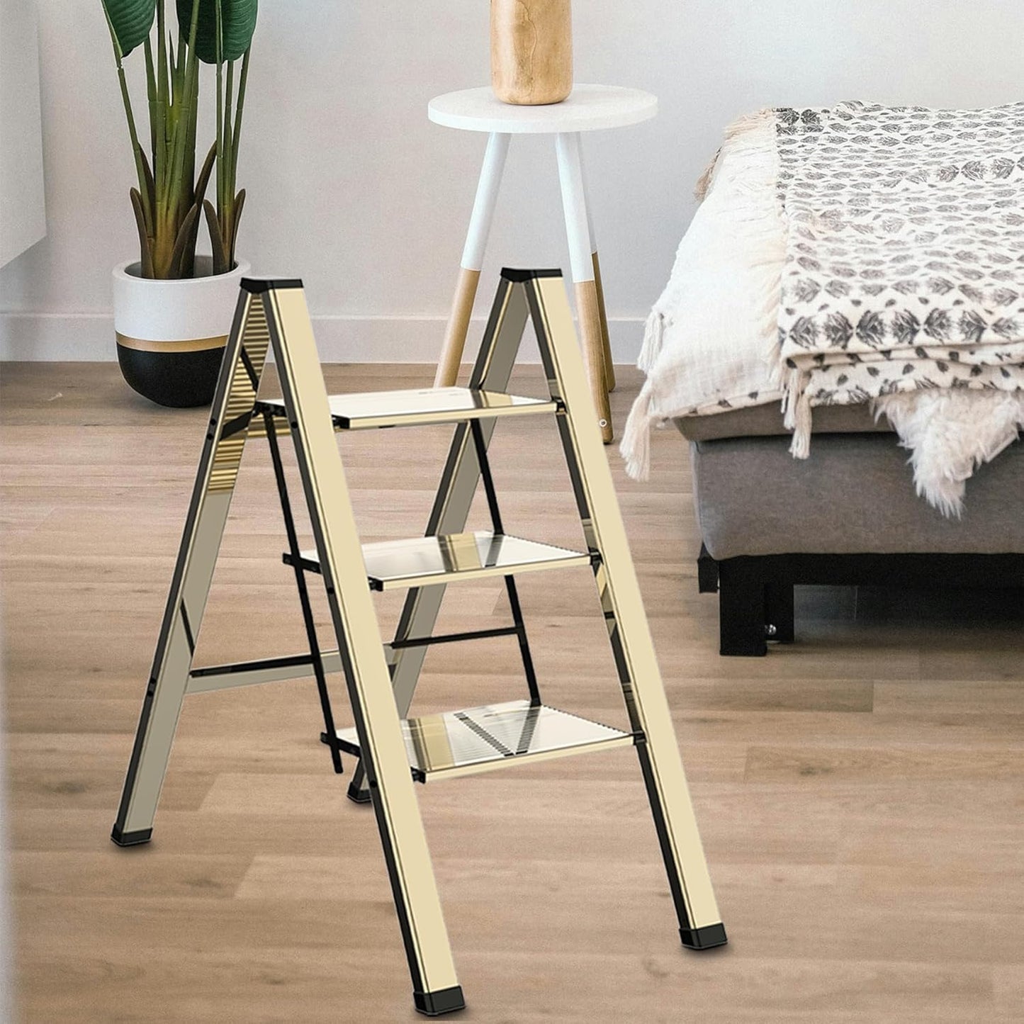 3 Step Lightweight Folding Ladder for Home, 330lbs Aluminum Step Ladder Anti-Slip for Kitchen, Step Stool Foldable Adults for Closet, 330lbs - Champagne Gold