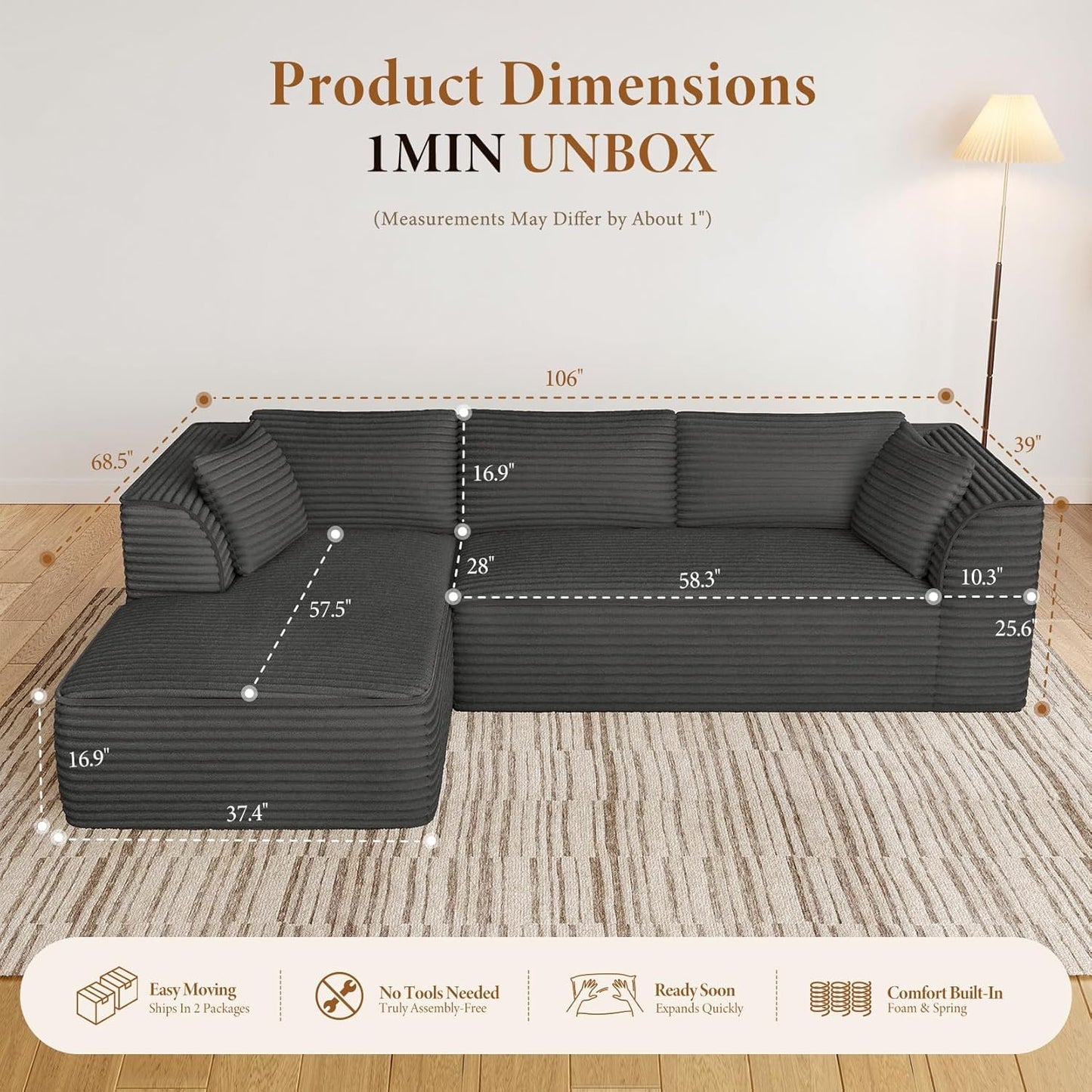 Vesgantti 106" Boneless Couch with Chaise, Deep Seat Comfy Cloud Modular Sofa Corduroy Memory Foam Sectional Couches for Living Room Bedroom, No Assembly Required (Grey, Left-Facing Chaise)