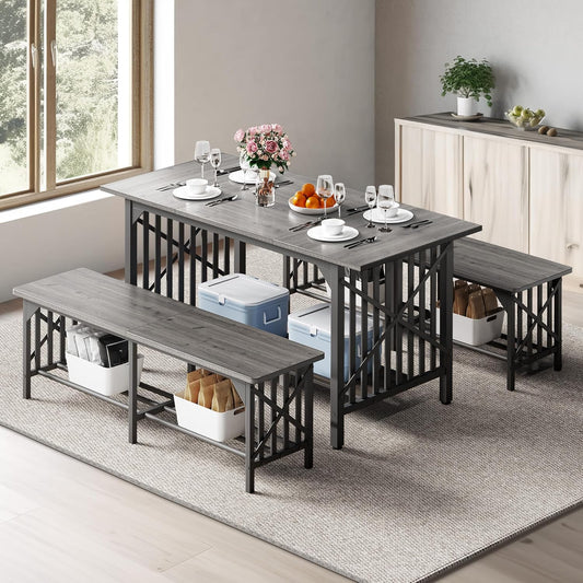 DWVO 3-Piece Dining Table Set for 4-6 People, 63" Dining Room Table with 2 Benches, Industrial Rectangular Dining Room Table Set with Storage for Kitchen, Dining Room, Grey