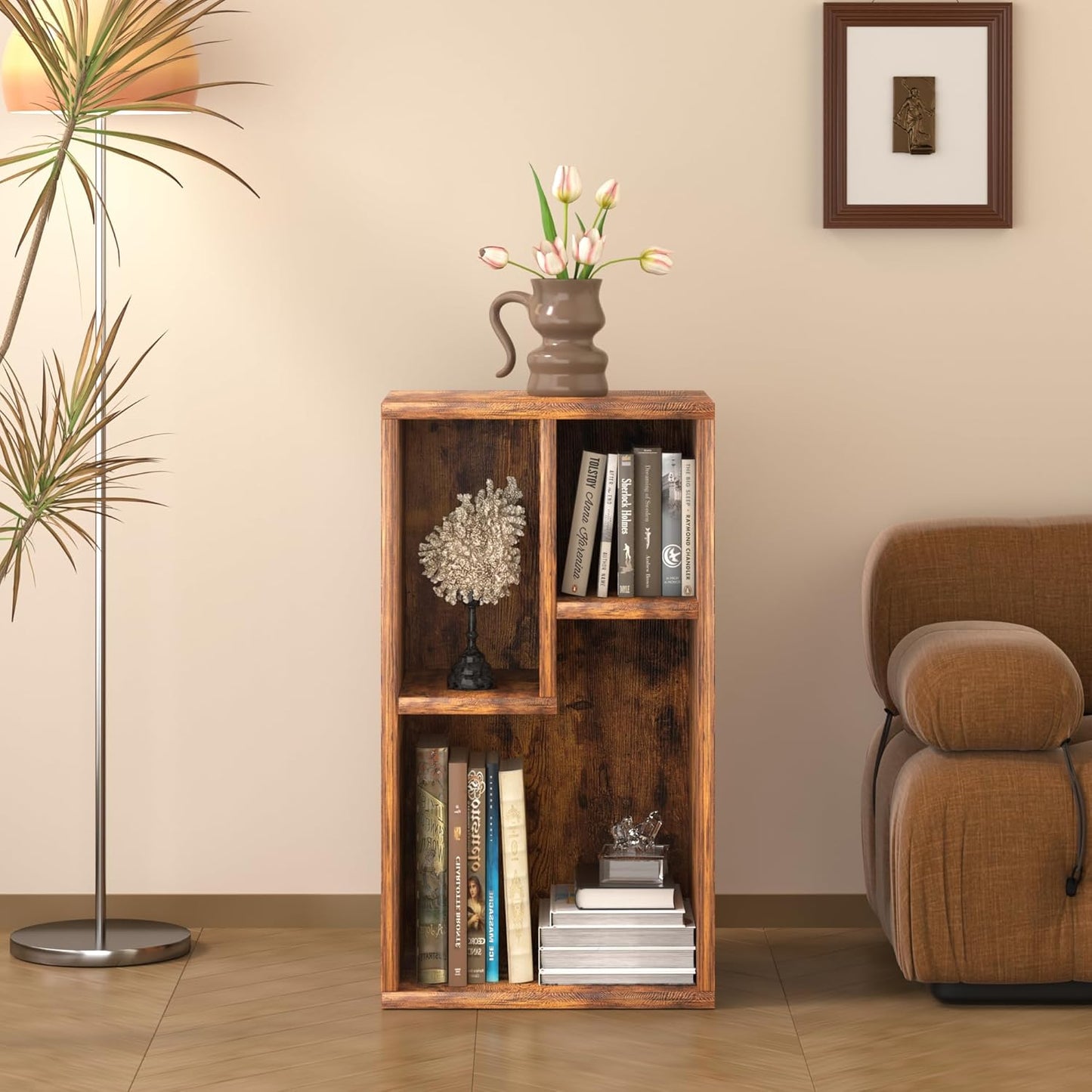 VECELO 3 Cube Small Bookcase, Fits Tallest Hardcovers, Horizontal Available, 2-Tier Modern Bookshelf, Storage Organizer for Small Spaces, Kids Room, Bedroom Living Room, Rustic Brown