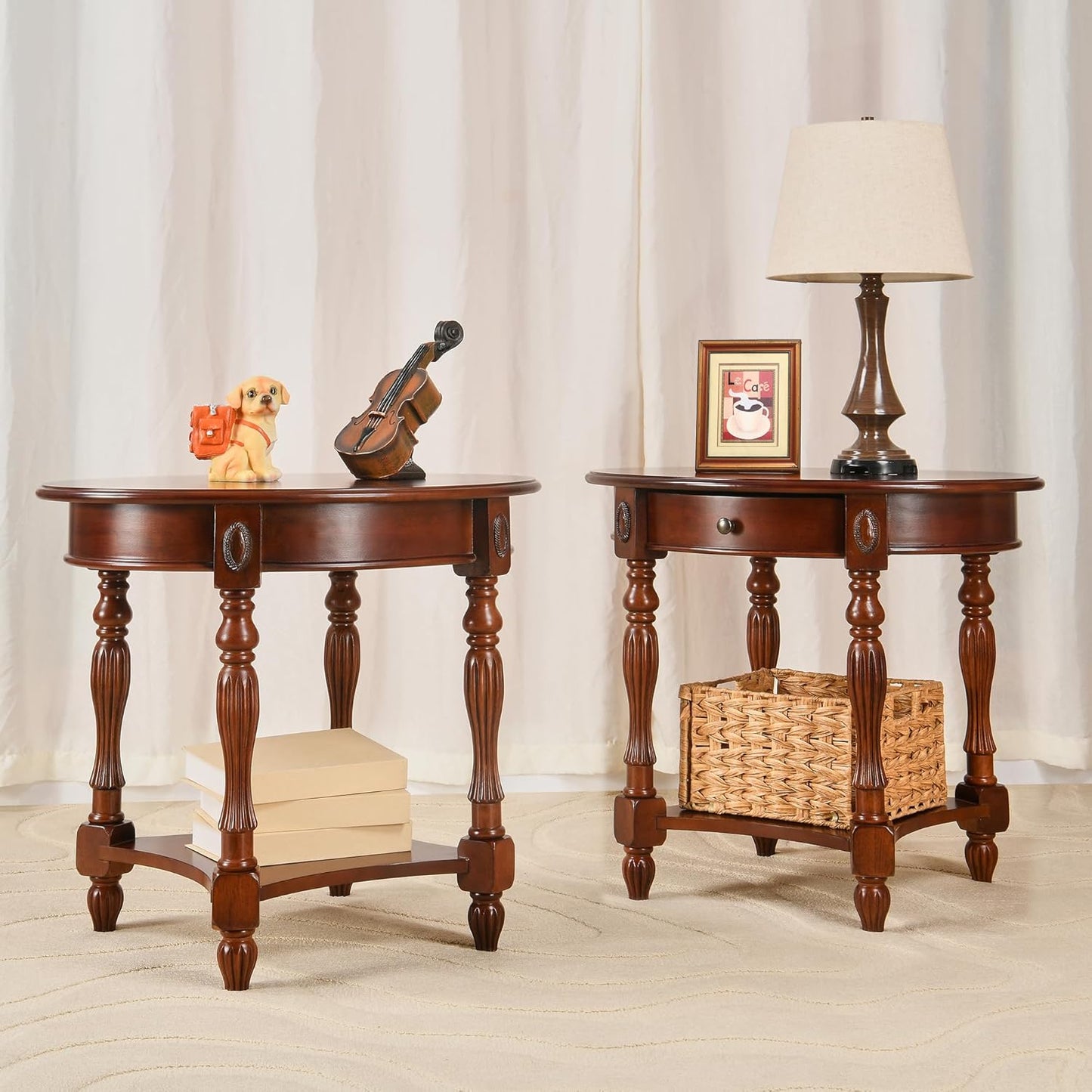 LEEMTORIG Oval Round End Table, 2-Tier Cherry Wood End Table Solid Wood Side Table with Drawer, Victorian Vintage Nightstand for Bedroom Living Room, 28"W x 22"D x 24.2"H, Cherry Walnut CJZ-1533-WD-DR