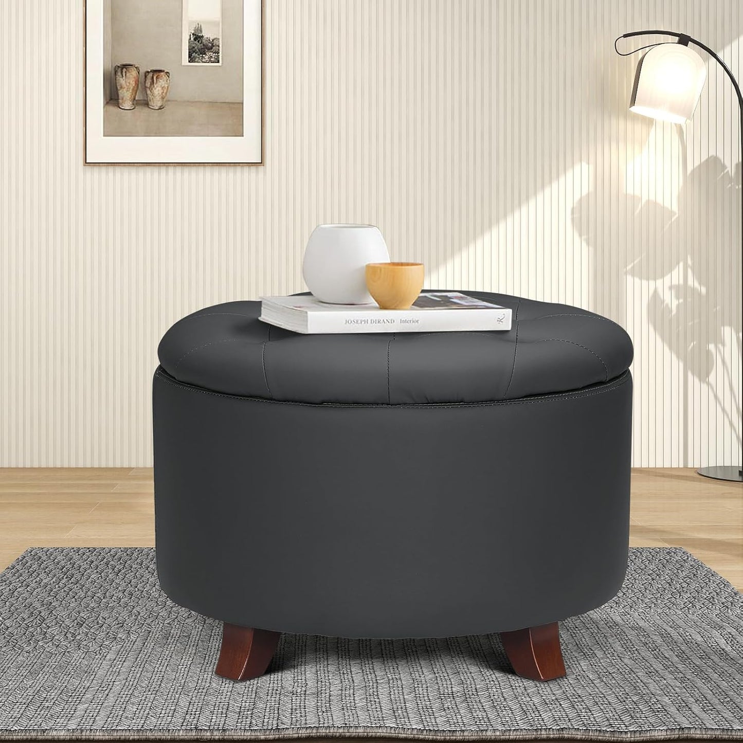 Athena Collection 24.5 Inch Small Ottoman with Storage, Round PU Leather Storage Ottoman Foot Rest with Removable Lid, Multipurpose Footstool Footrest for Livingroom, Bedroom, Dorm, Black