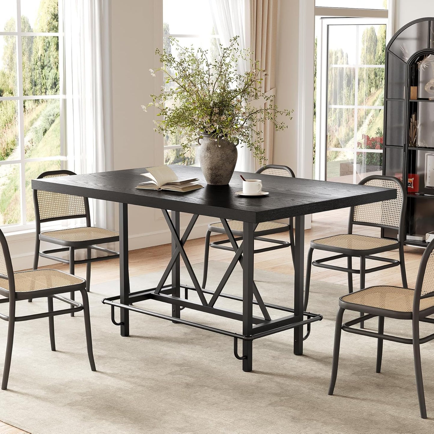 LITTLE TREE 63-Inch Industrial Bar Table with Metal Footrest, Counter Height Pub Table for Kitchen, Home Bar & Entertaining (Black)