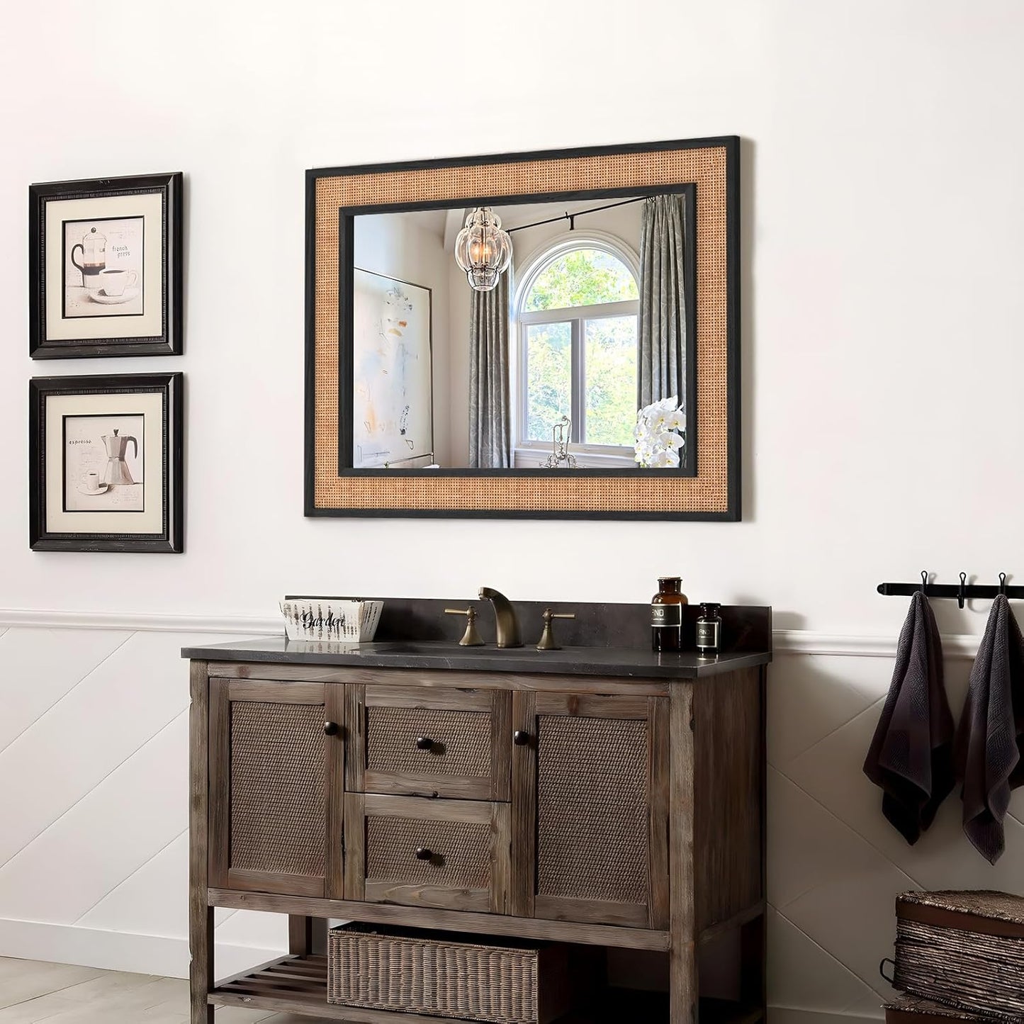 Rattan Wall Mirror with Wooden Framed 24 X 32 inch Farmhouse Rectangle Wood Mirror for Modern Decorative Bathroom, Living Room, Entryway, Bedroom (Black)