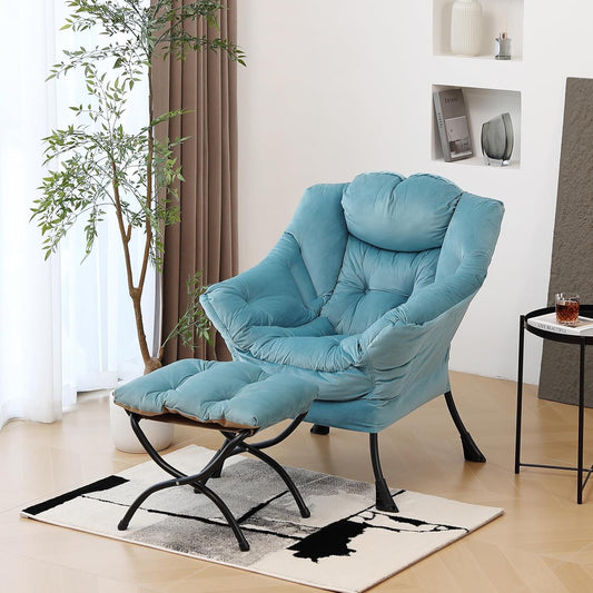 Lazy Chair with Ottoman, Modern Chair with Folding Footrest, Lounge Accent Chair, Comfortable Reading Chair (Velvet Light Blue