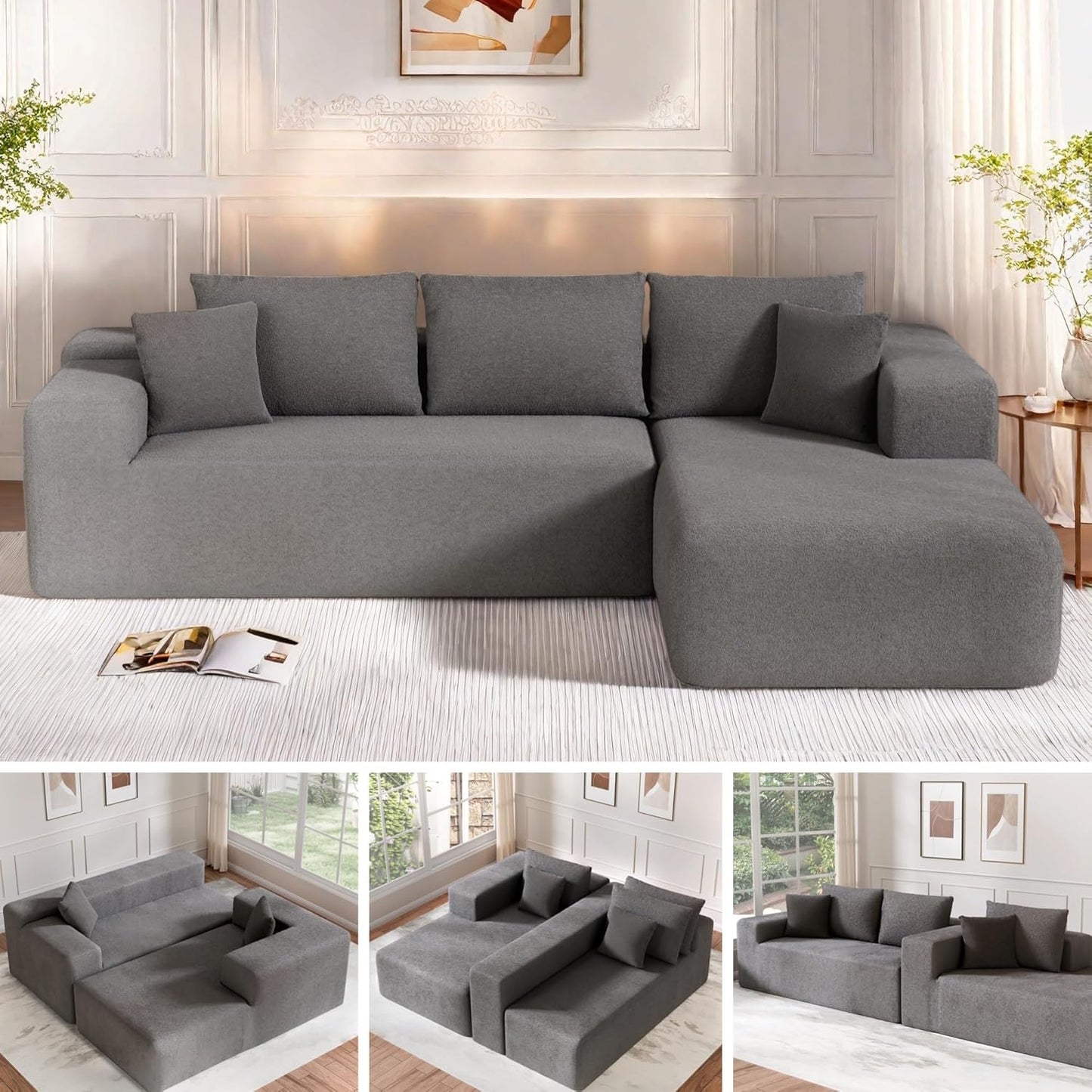 Cloud Sectional Couch, 104”L-Shape Oversized Sofa with Left Chaise Lounge, Modular Sleeper Couch with Pillows & Deep Seat, Rain Drop Velvet Fabric Compressed Sofa for Living Room, Light Gray