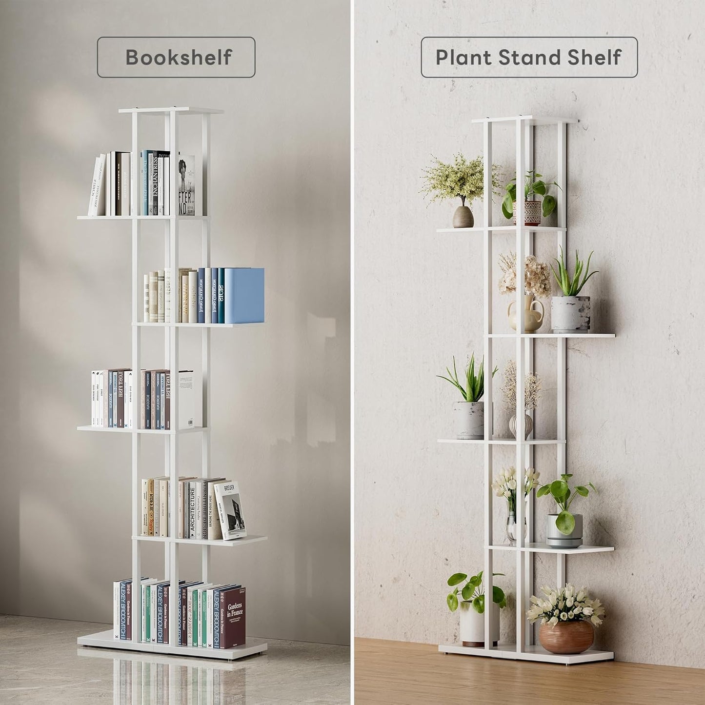 Bookshelf，Small Bookcase for Small Space，6-Tier Bookshelf for Living Room, Home Office, Study，9.45 x 20.8 x 62.2 Inches,White