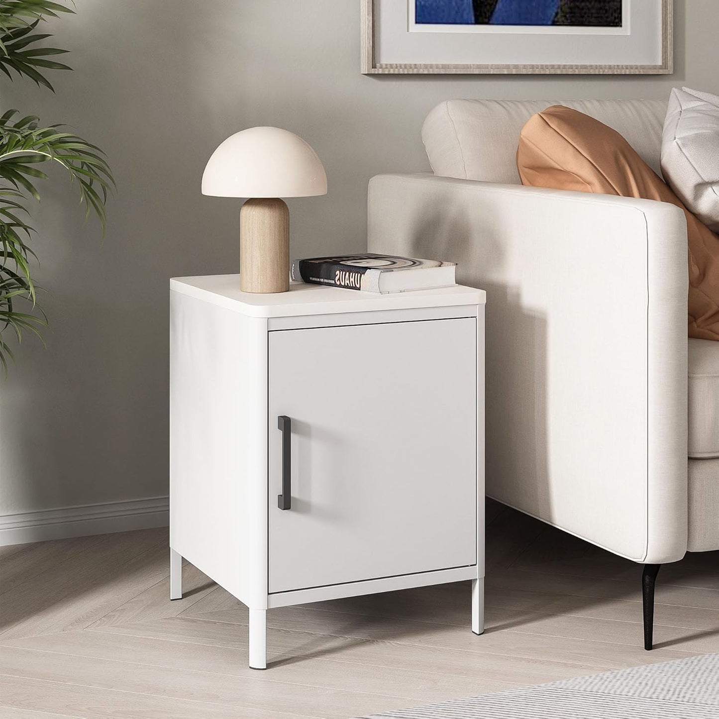 Nightstand with 1 Door, Metal Side Table with Wooden top for Bedroom, Living Room and Dorm 15.75 x 15.67 x 21.26 Inches (1 Door, Cream)