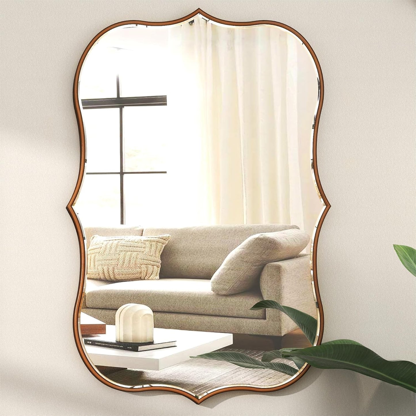 SHYFOY Antique Gold Mirrors for Wall Decor Decorative Wall Mirror Large 25" L x 36" W, Asymmetrical Wavy Accent Mirror with Scalloped Wood Frame, Bronze Farmhouse Traditional Mirror