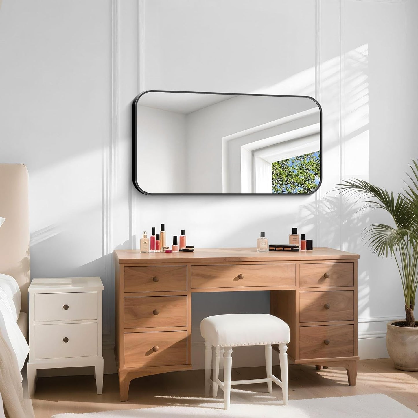 Bathroom Mirror, 48 x 24 inch Black Rectangle Wall Mirror, Metal Framed Rectangular Vanity Mirror, Rounded Corner Wall Mounted Mirror for Modern Bedroom Living Room Horizontal/Vertical