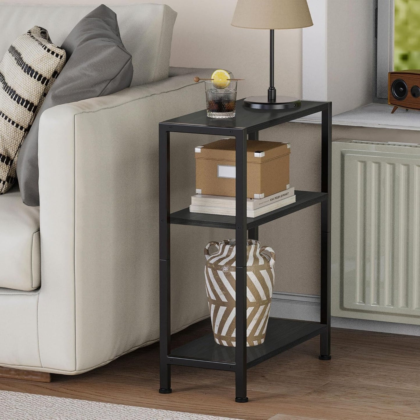 3-Tier Side Table Set of 2, Small End Table, Sofa Side Table for Narrow Spaces, Slim End Table, Nightstand Table, for Living Room Bedroom Office, Black