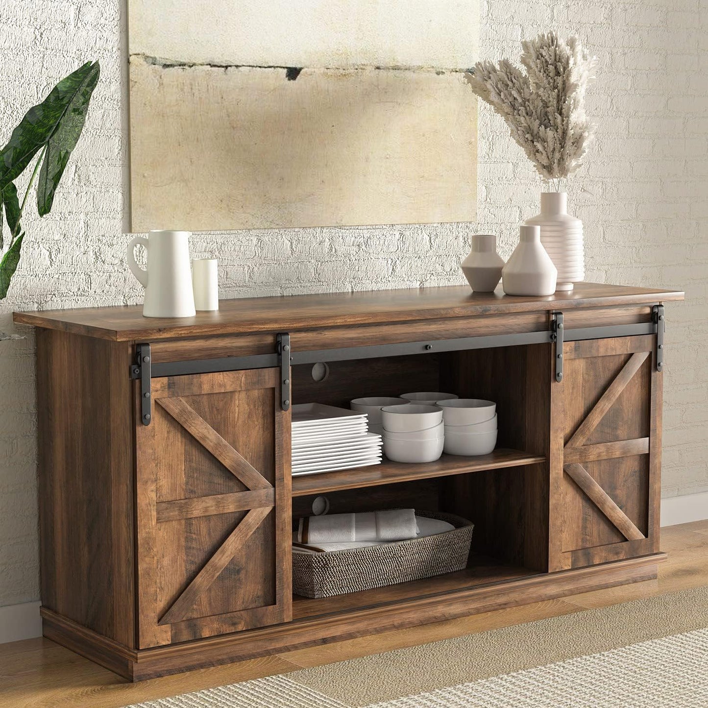 YESHOMY TV Stand for Televisions up to 65 Inches, with Sliding Barn Doors and Storage Cabinets, Console Table and Media Furniture for Living Room, 58 Inch, Barnwood