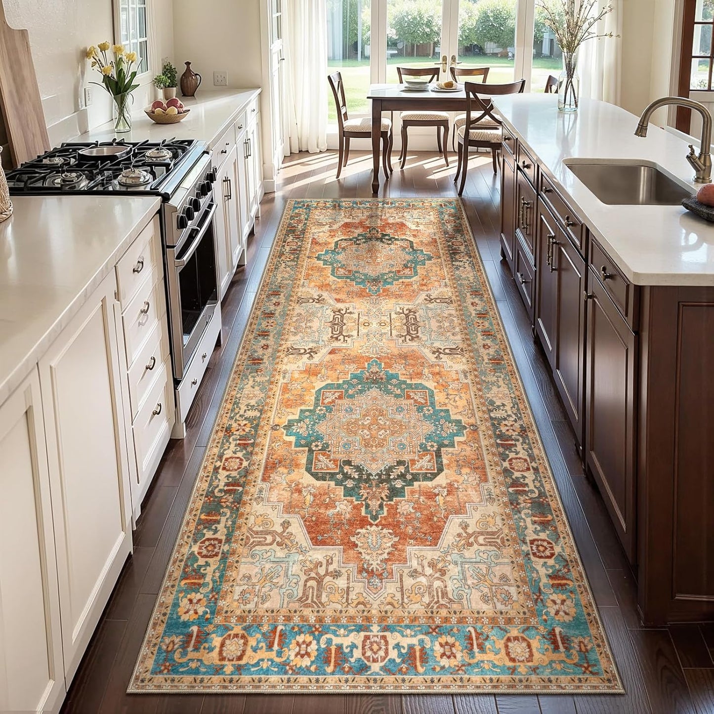 2x6 Washable Runner Rug for Hallways, Non Slip Vintage Rug, Soft Low Pile Long Print Distressed Carpet Runners for Kitchen Bedroom Entryway Bathroom Living Room Rusty Orange