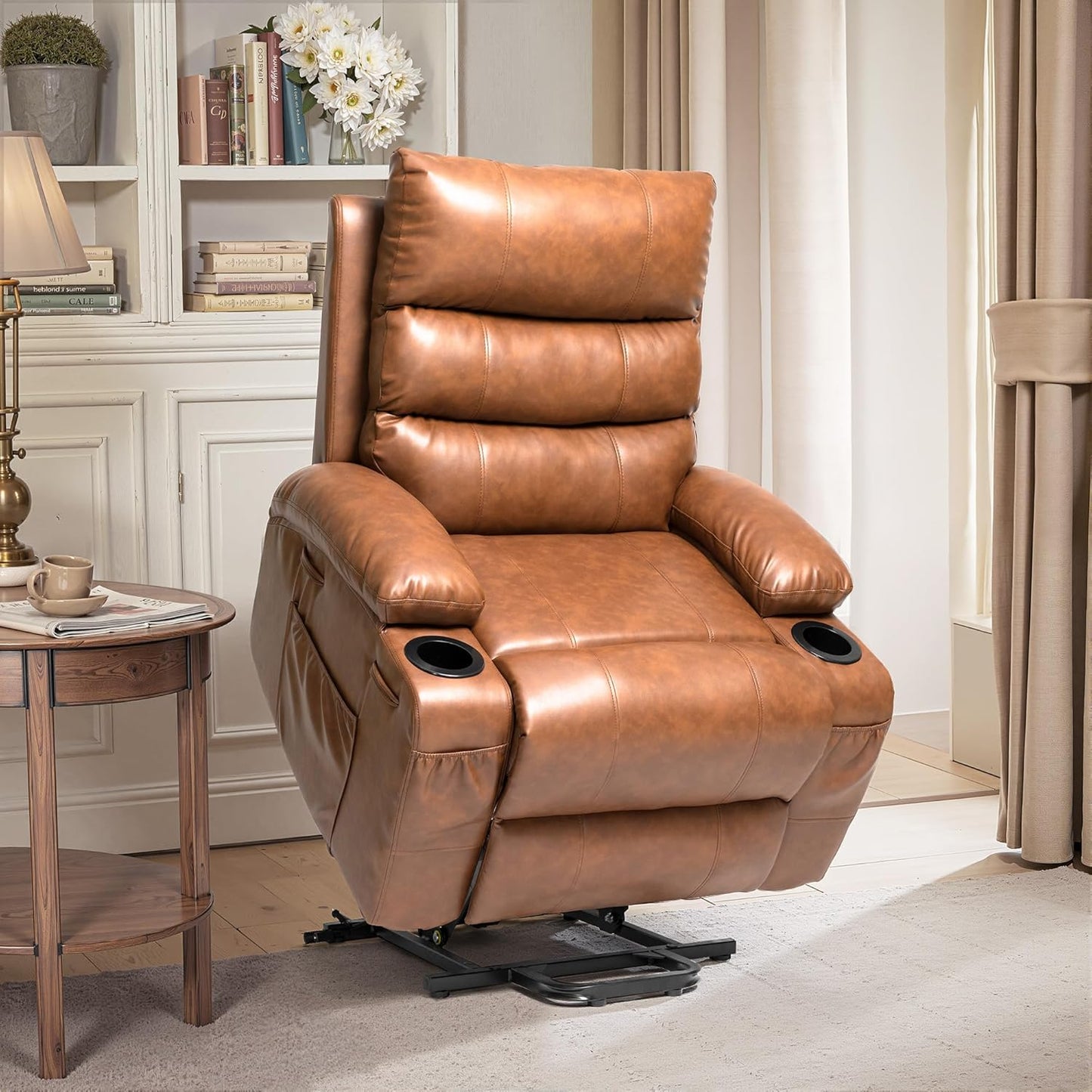 Recliner Chair Power Lift Massage Chair Full Body 21" Large Size Electric Recliner with 8 Point Vibration Massage and Lumber Heat, Remote Control, Side Pockets and Cup Holders, Brown