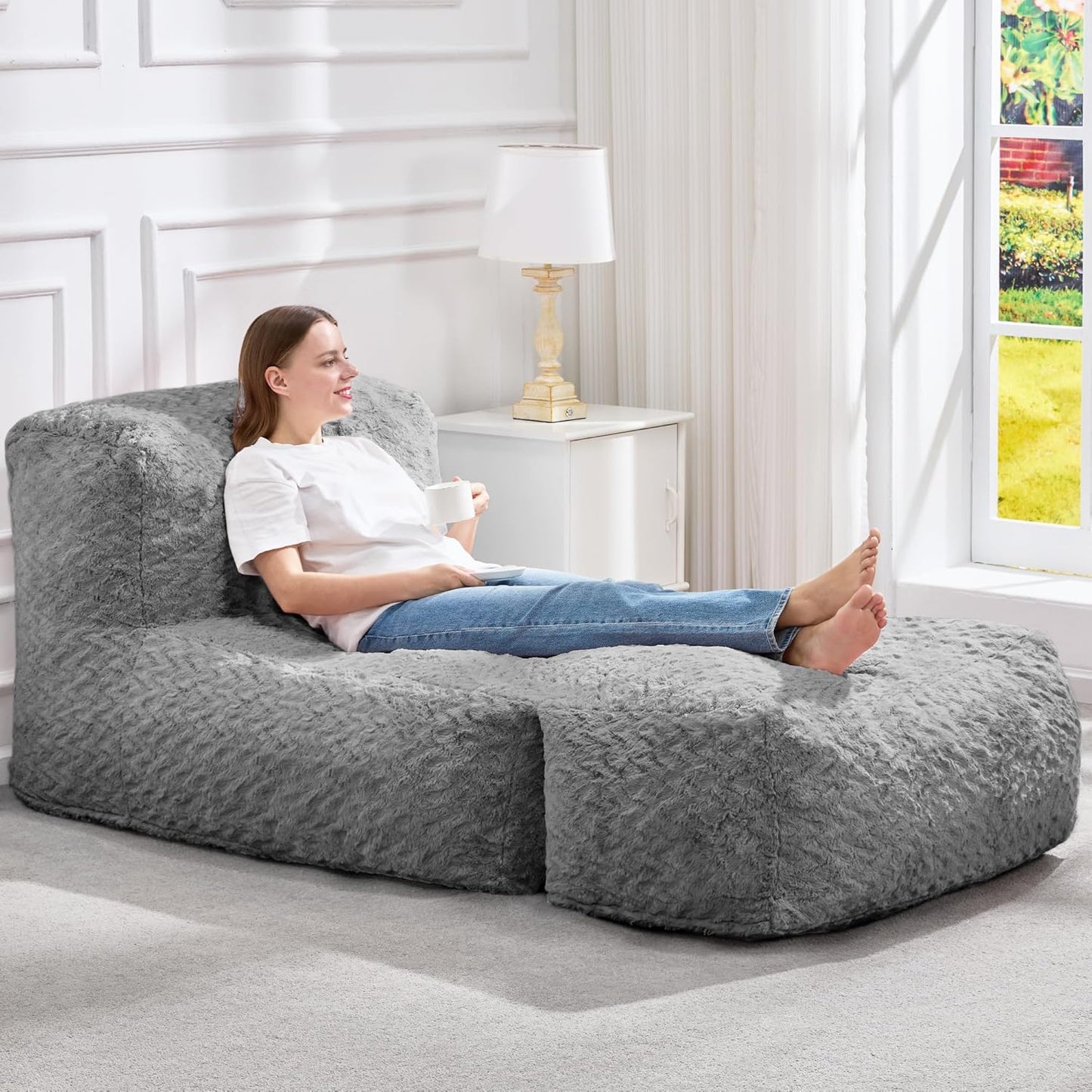 Hobestluk Bean Bag Chair Big Bean Bag Lounger for Adults Bean Bag Couch with Memory Foam Filled for Living Room, Bedroom or Balcony (Chevron Plush Grey)