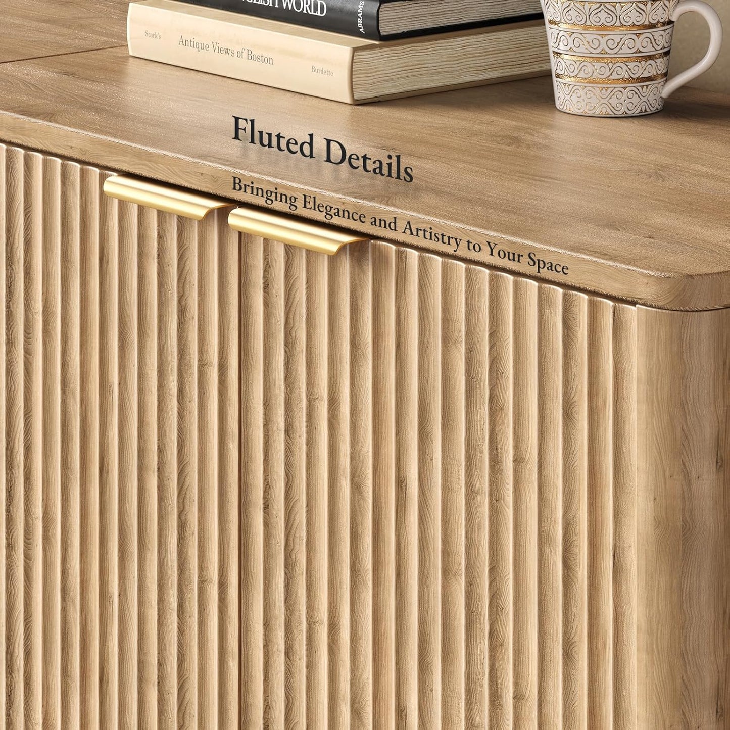 63" Oak Buffet Cabinet with Storage, Large Fluted Sideboard with Adjustable Shelves, Accent Credenza for Living Room, Entryway, Dining Room, Kitchen, Coffee Bar Table with Doors