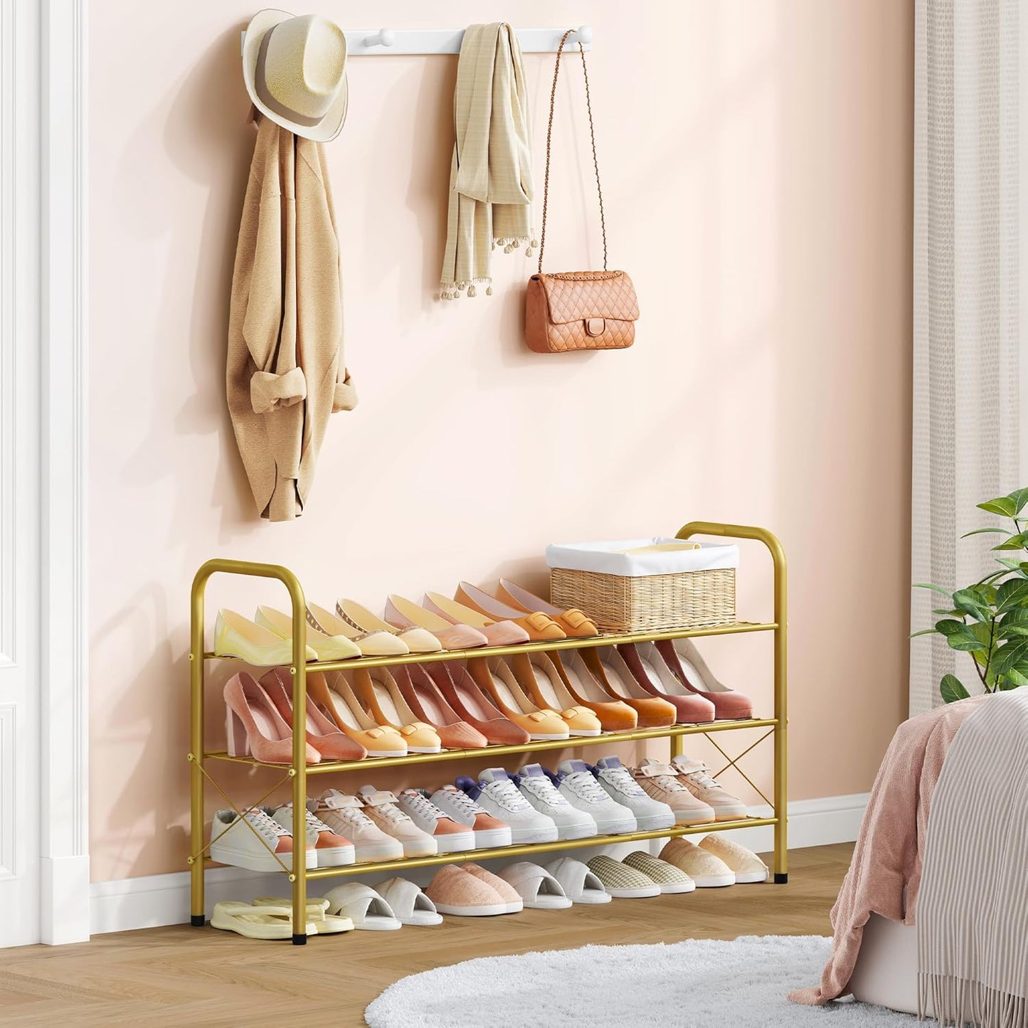 Hoctieon 3 Tier Mesh Style Shoe Rack, Entryway Shoe Shelf, Shoe Storage Organizer, Shoe Rack for Closet, Space Save for Bathroom, Garage, Hallway, Bedroom, Living Room, Gold