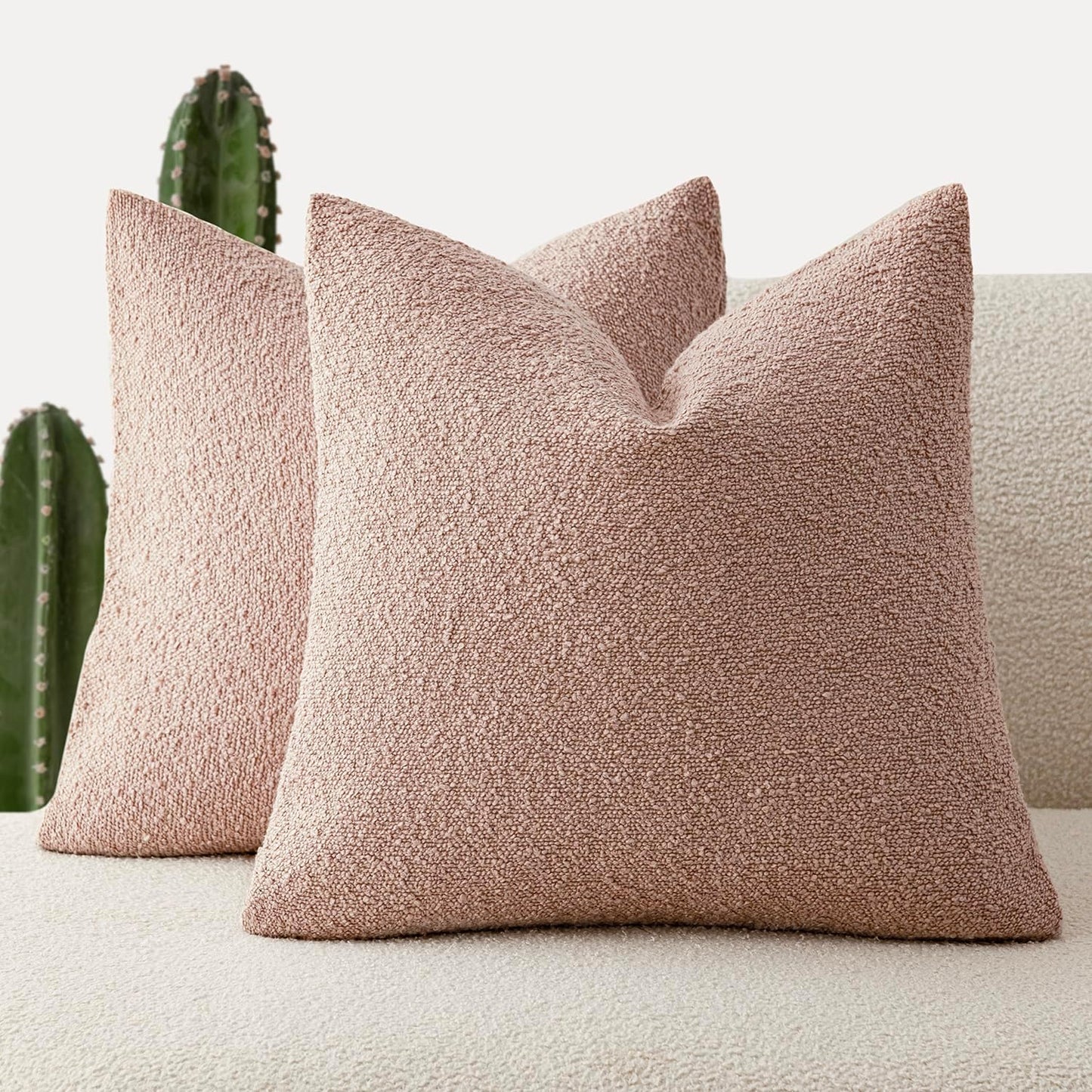 Foindtower Set of 2, Decorative Textured Boucle Throw Pillow Covers Accent Solid Pillow Cases Neutral Soft Cozy Couch Cushion Case for Chair Sofa Bedroom Living Room Home Decor 16 x 16 Inch Light Pink