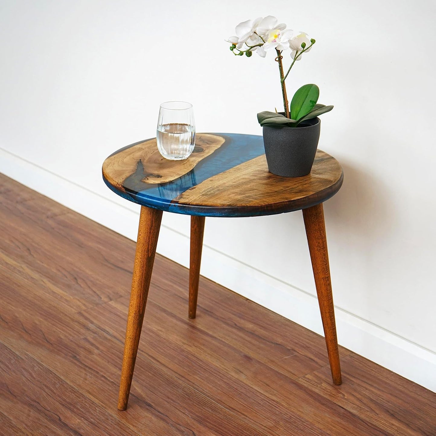 20" Resin Walnut Round Side Table | Epoxy End Table | Coffee Table | Mid Century Modern Resin Walnut | Living Room Furniture | Blue Color