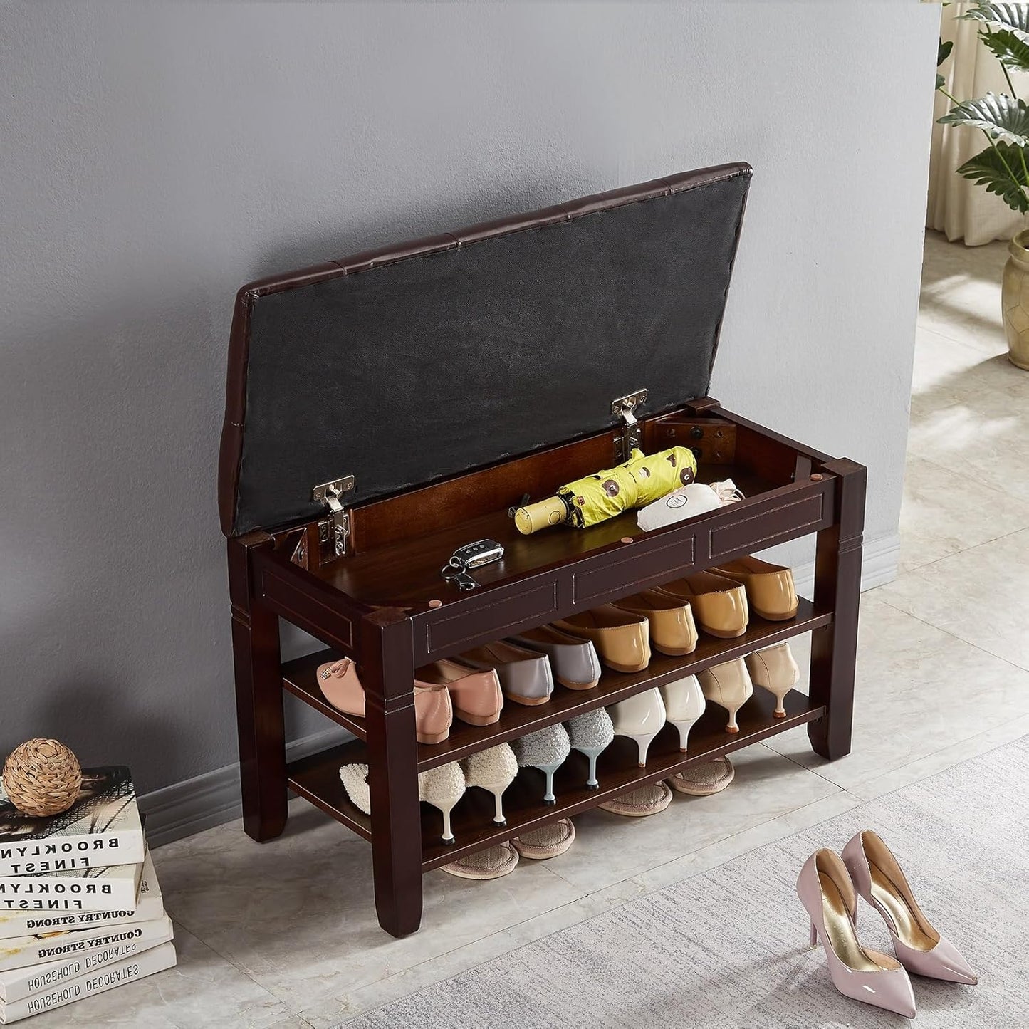 Shoe Storage Bench, Entryway Shoe Rack with Fiberleather Seat 2-Tier Lift Top Organizer Wooden Shoe Bench for Entryway Hallway Living Room (Dark Brown 31.5x13.8x18.9'')