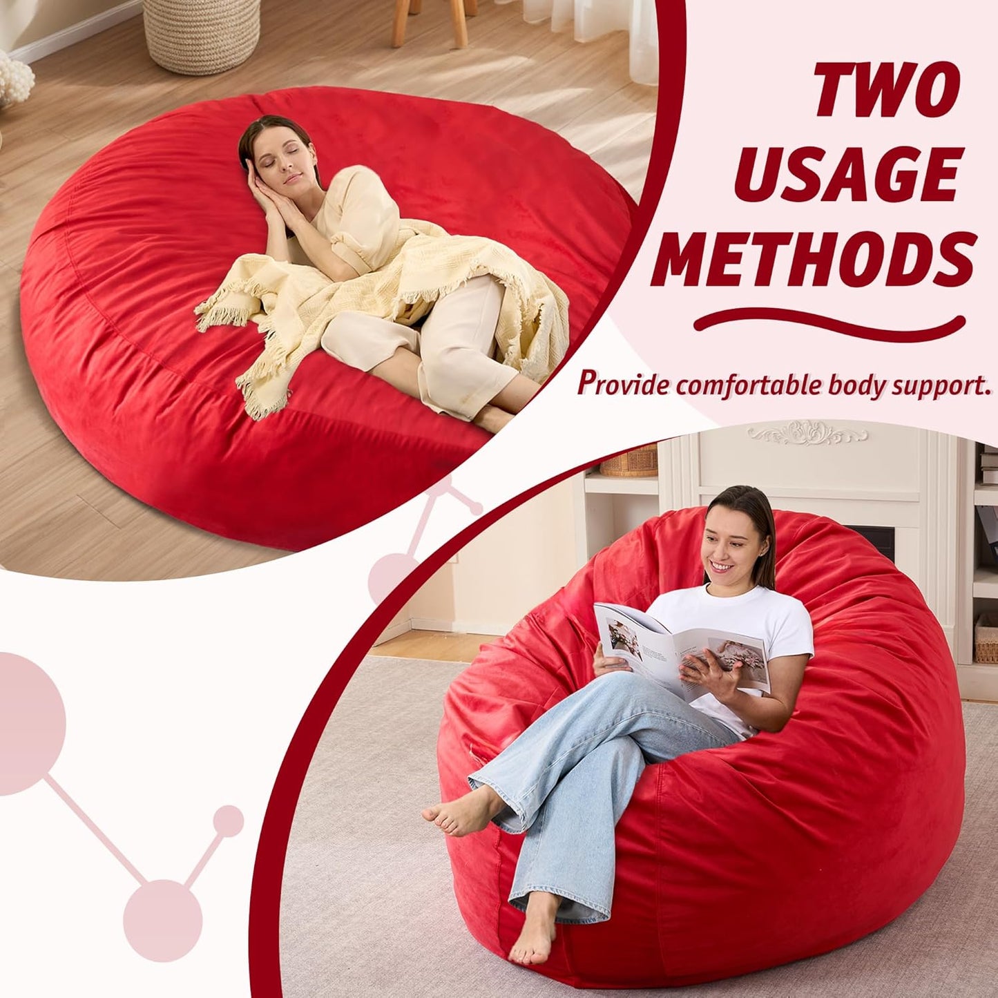 7FT Bean Bag Chair with Ultra Soft Velvet Cover Bean Bag Sofa with Memory Foam Bean Bag Chairs with Large Size Lazy Sofa for Dorm Office Living Room Bedroom Red 7'