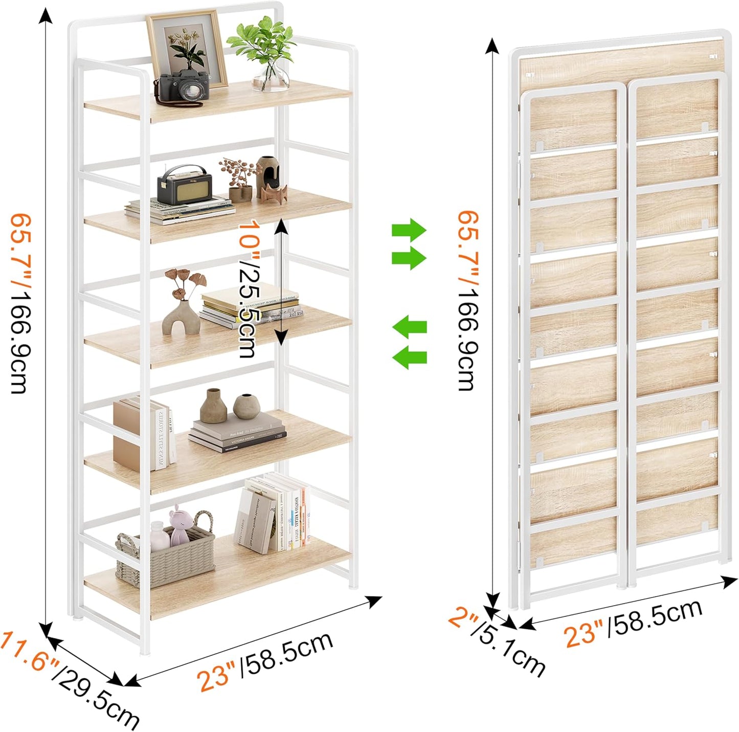 No Assembly Folding Bookshelf, 5 Tiers Collapsible Book Shelf for Home Office, Vintage Wood Foldable Bookcase Storage Organizer for Living Room Bedroom (Beige)