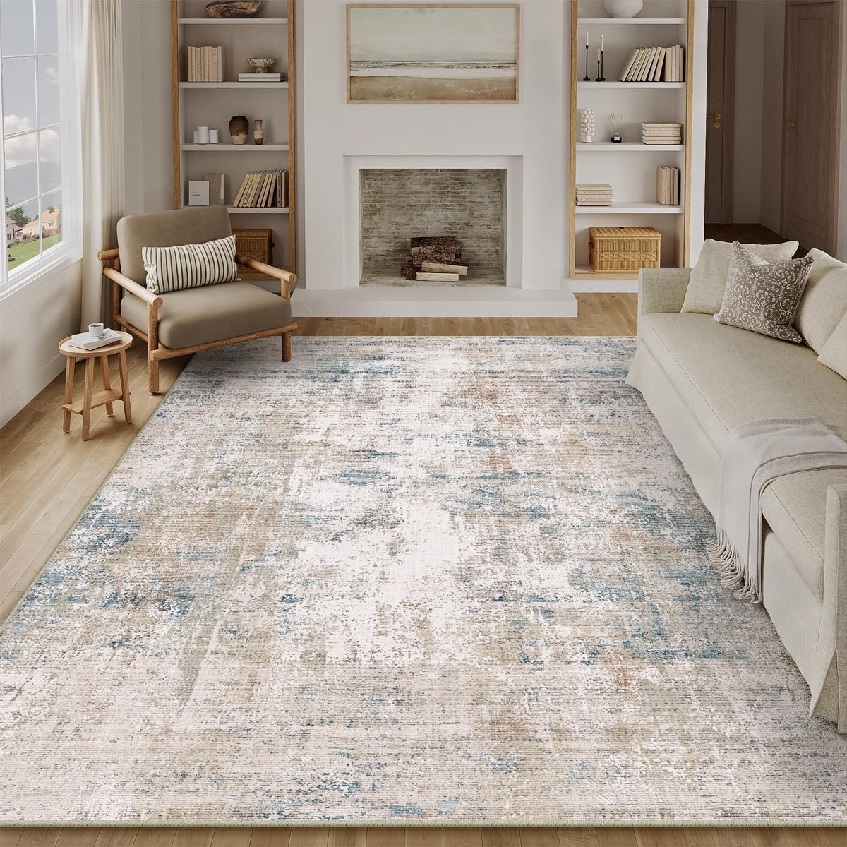8x10 Washable Area Rug Beige Blue Neutral Abstract Living Room Bedroom Large Throw Rug Non Slip Soft Low Pile Indoor Floor Carpet for Dining Room Kitchen Office Entryway