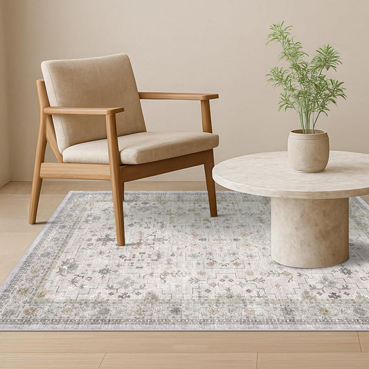 Boho 4x6 Living Room Rug - Light Grey Modern Vintage Eclectic Floral Pastel Neutral Taupe, Washable Low Pile Non-Slip Area Rugs for Kitchen, Mudroom, Bedroom Beside Bed, Office