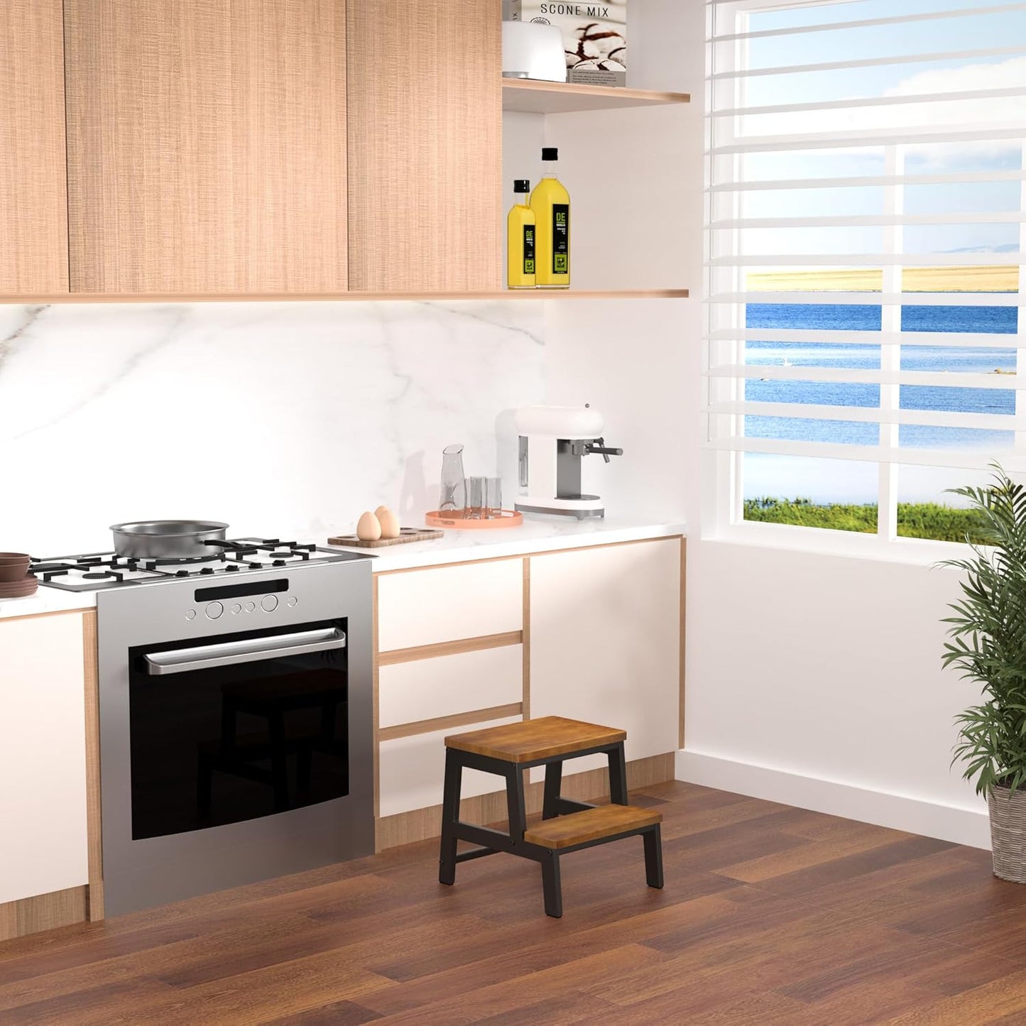 2 Step Wooden Step Stools for Adults Non-Slip, Sturdy Bed Steps for High Beds Easy Assembly, Portable Two Step Stool for Kitchen Bathroom Bedroom - Holds Up to 500 Lb