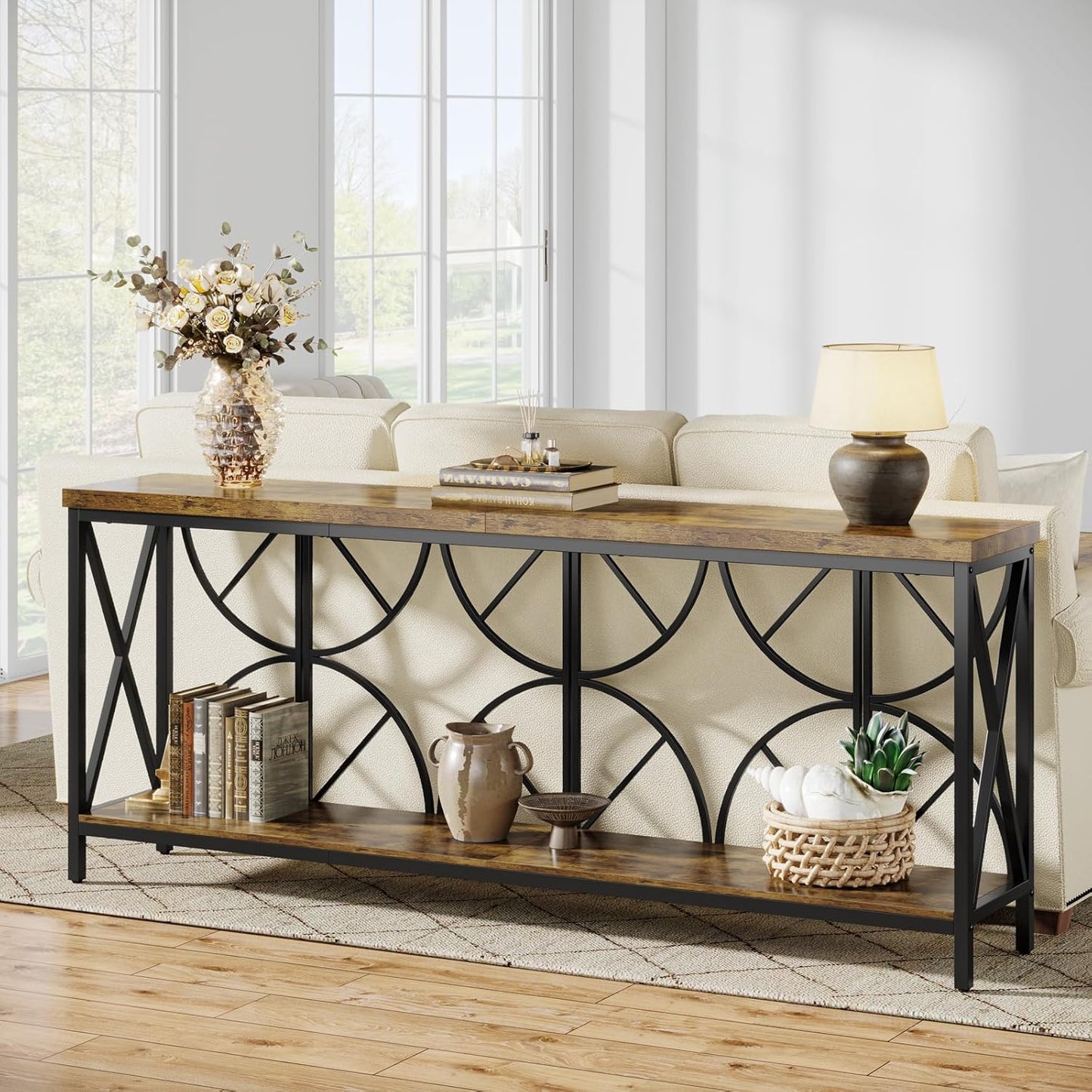 70.9-Inch Extra Long Sofa Table, Narrow Console Table Behind Couch with Storage for Entryway, Living Room, Entrance, Hallway, Foyer, Unique Geometric (Rustic Brown)